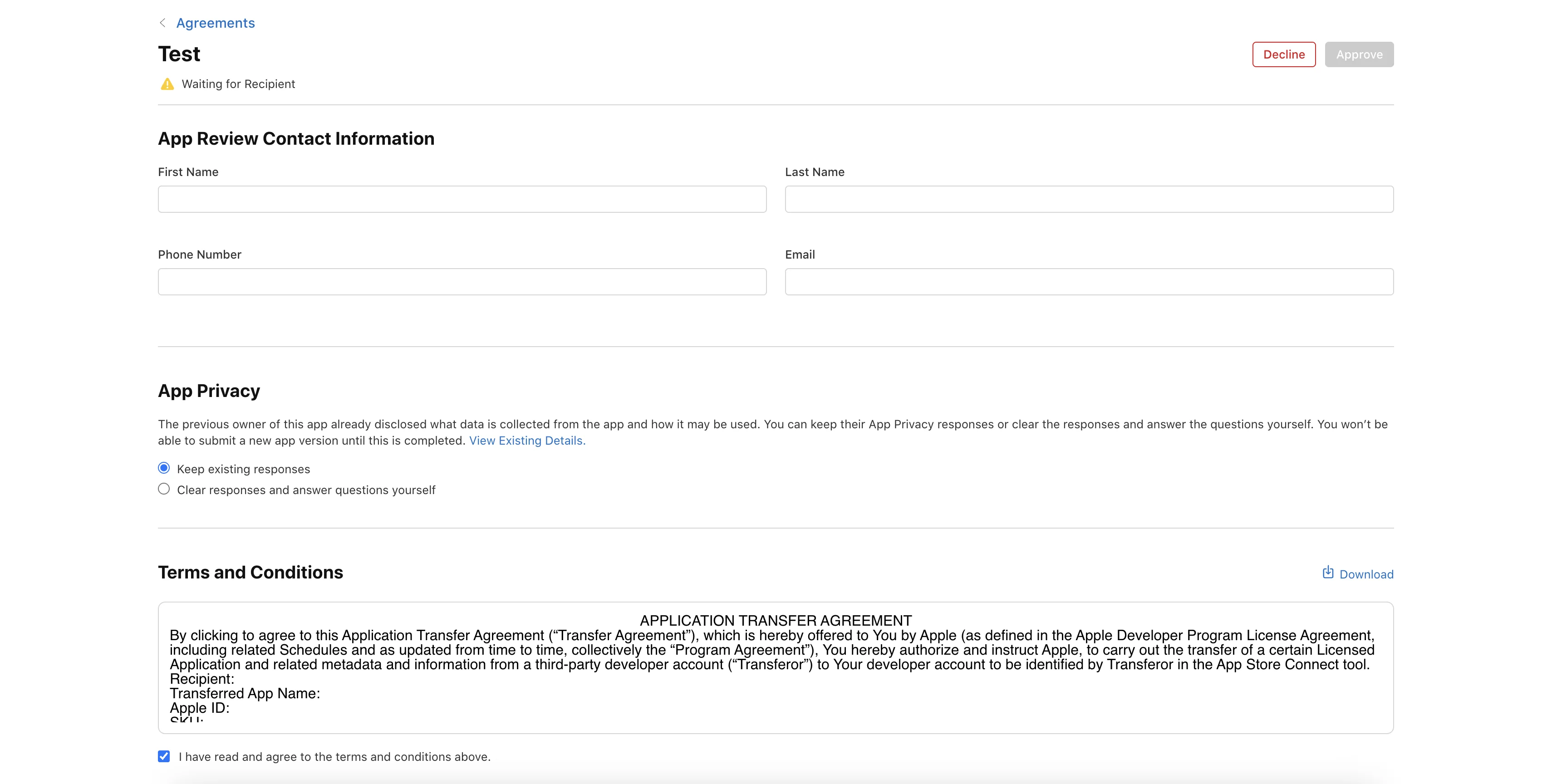 Transfer confirmation page on the recipient side — accept the terms and confirm