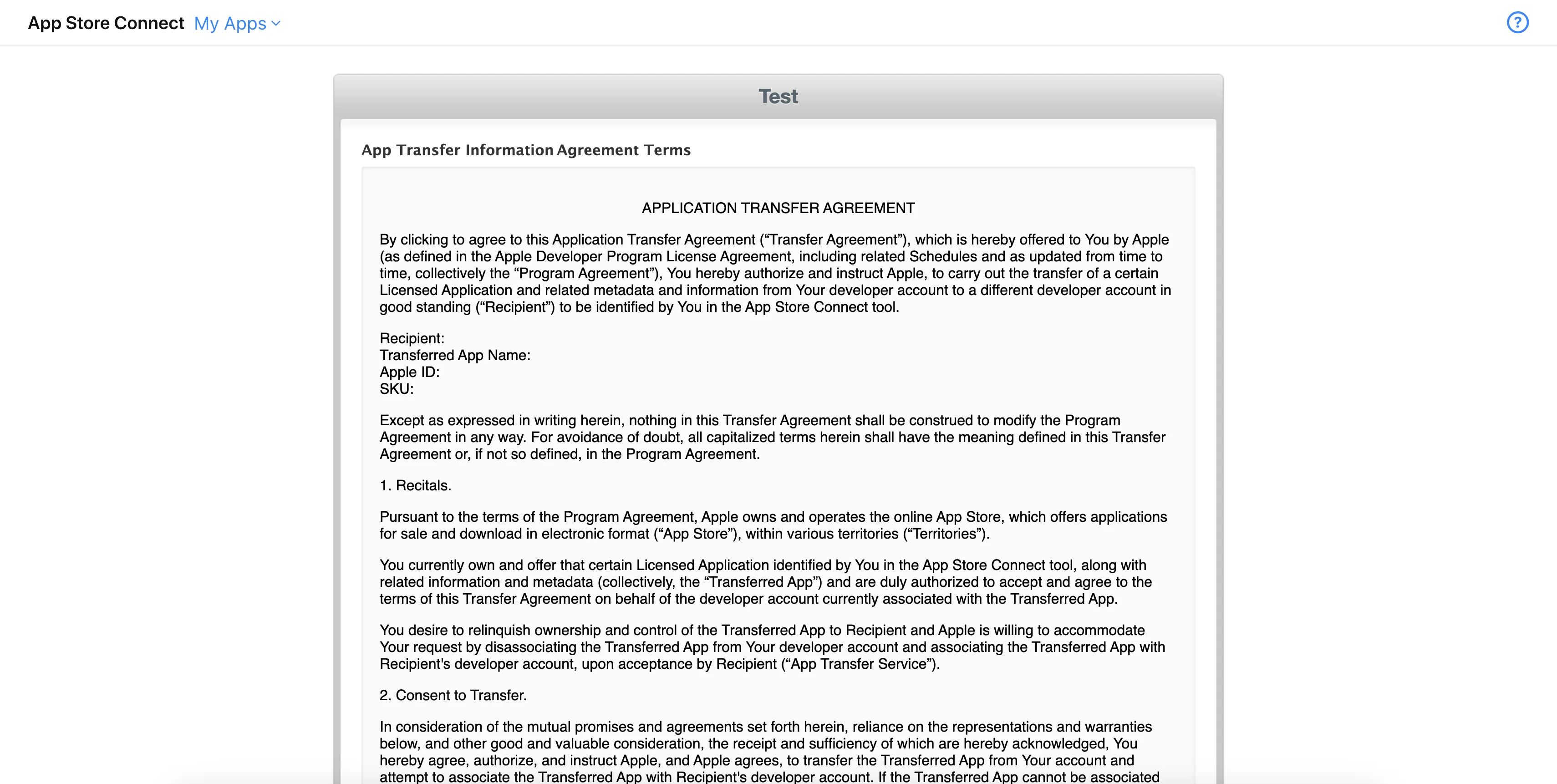 Application Transfer Agreement in App Store Connect — agreement text