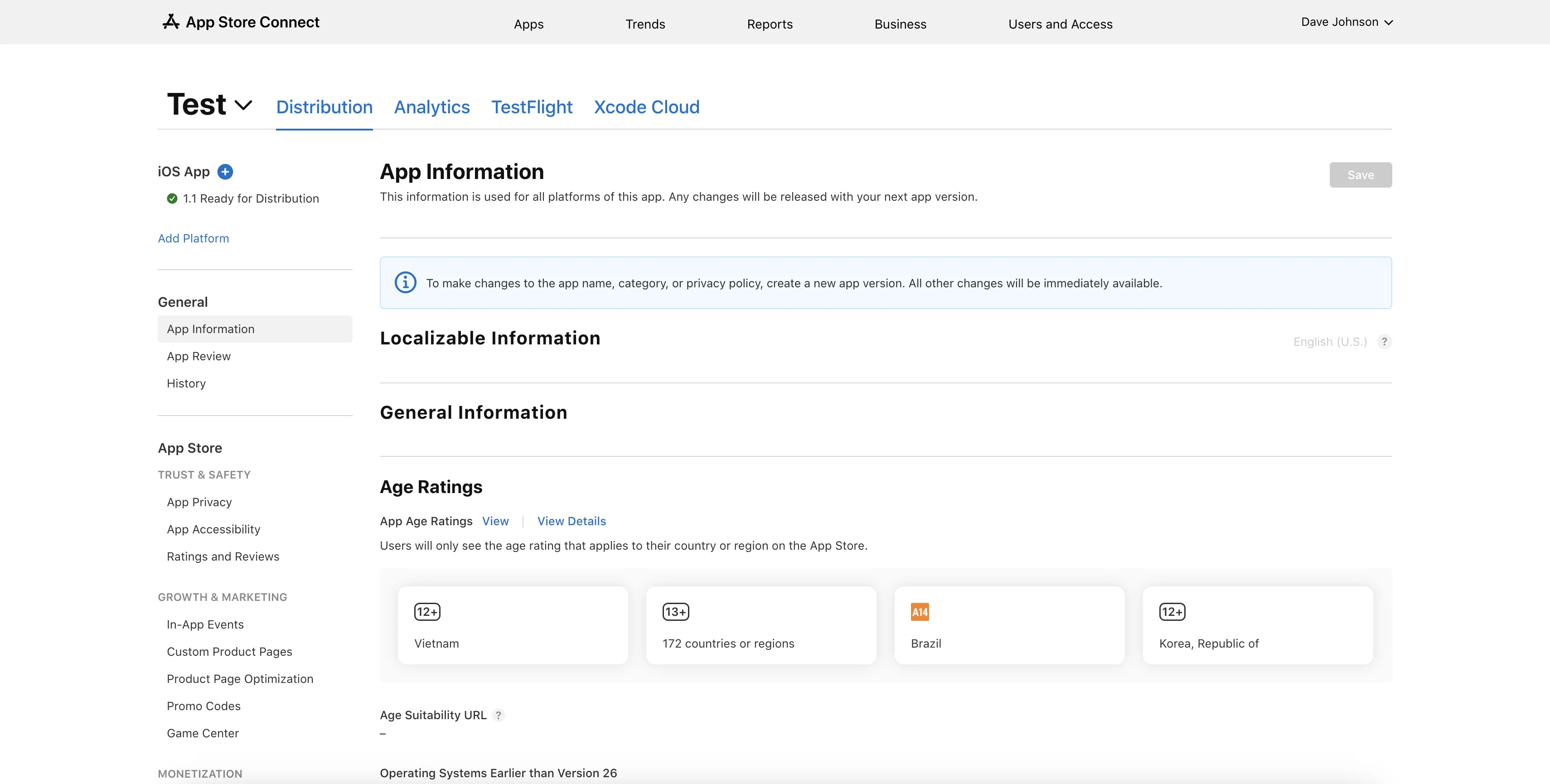 App Information section in App Store Connect