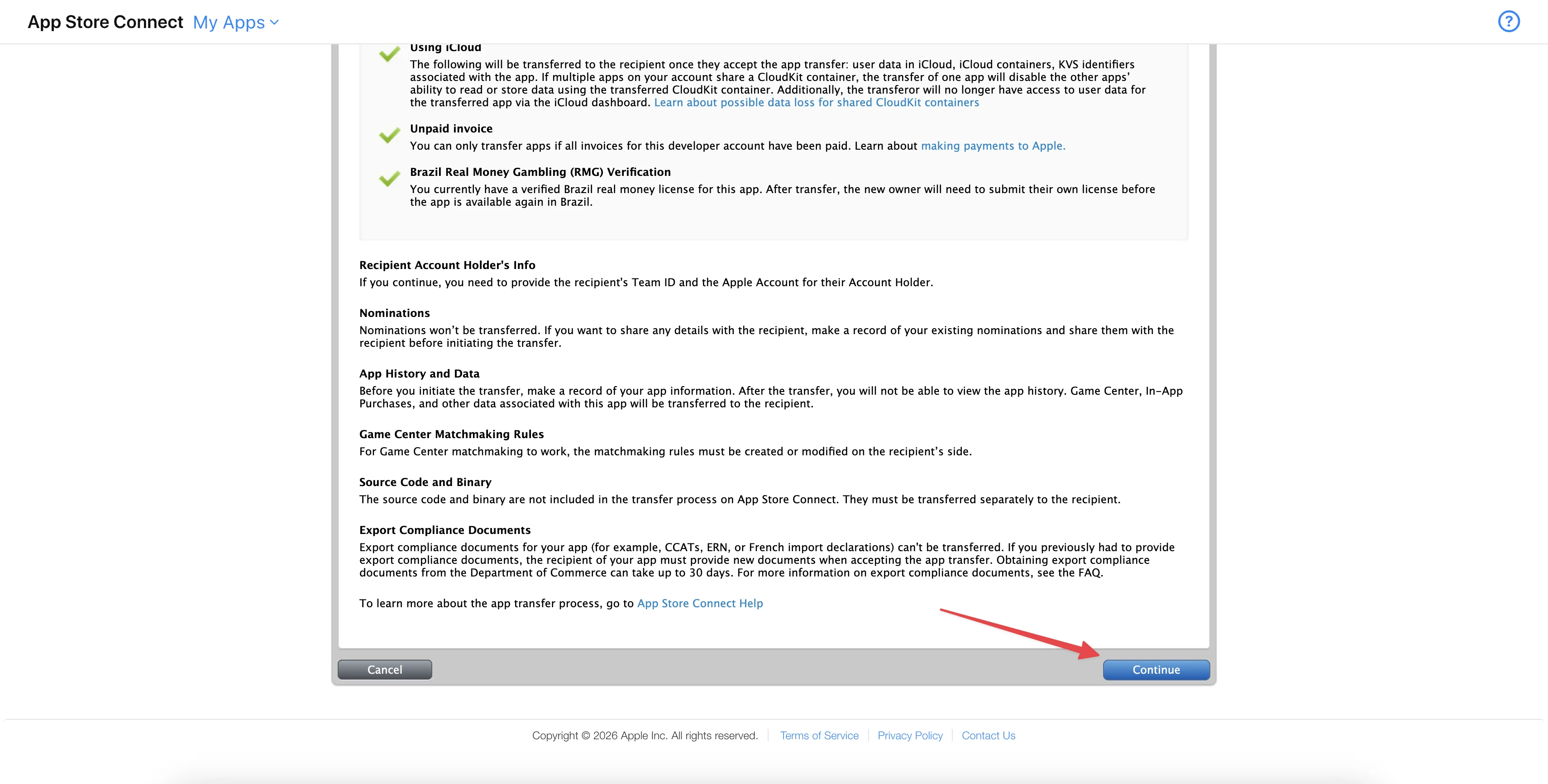 App Transfer criteria page — lower section with the Continue button
