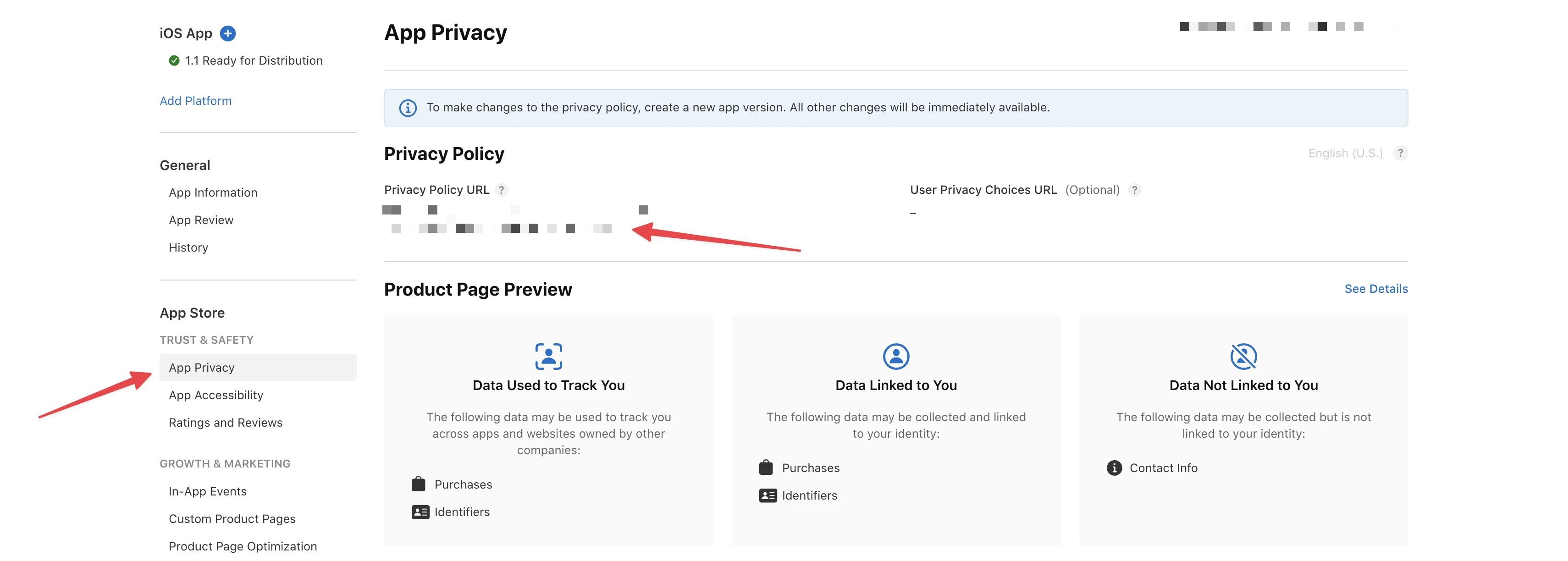 App Privacy section in App Store Connect — where to find the Privacy Policy URL