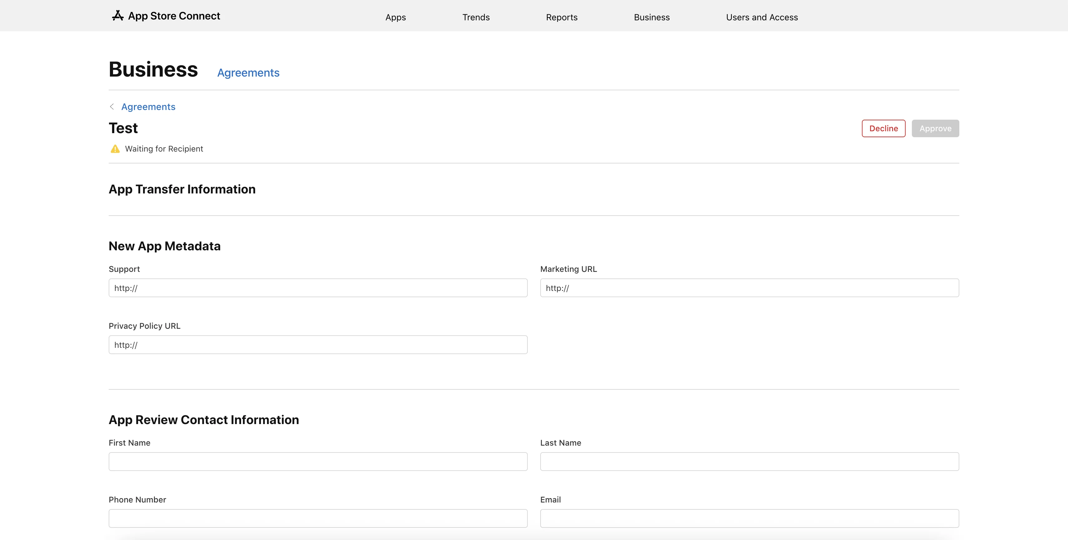 Recipient-side form — enter contact details and app URLs