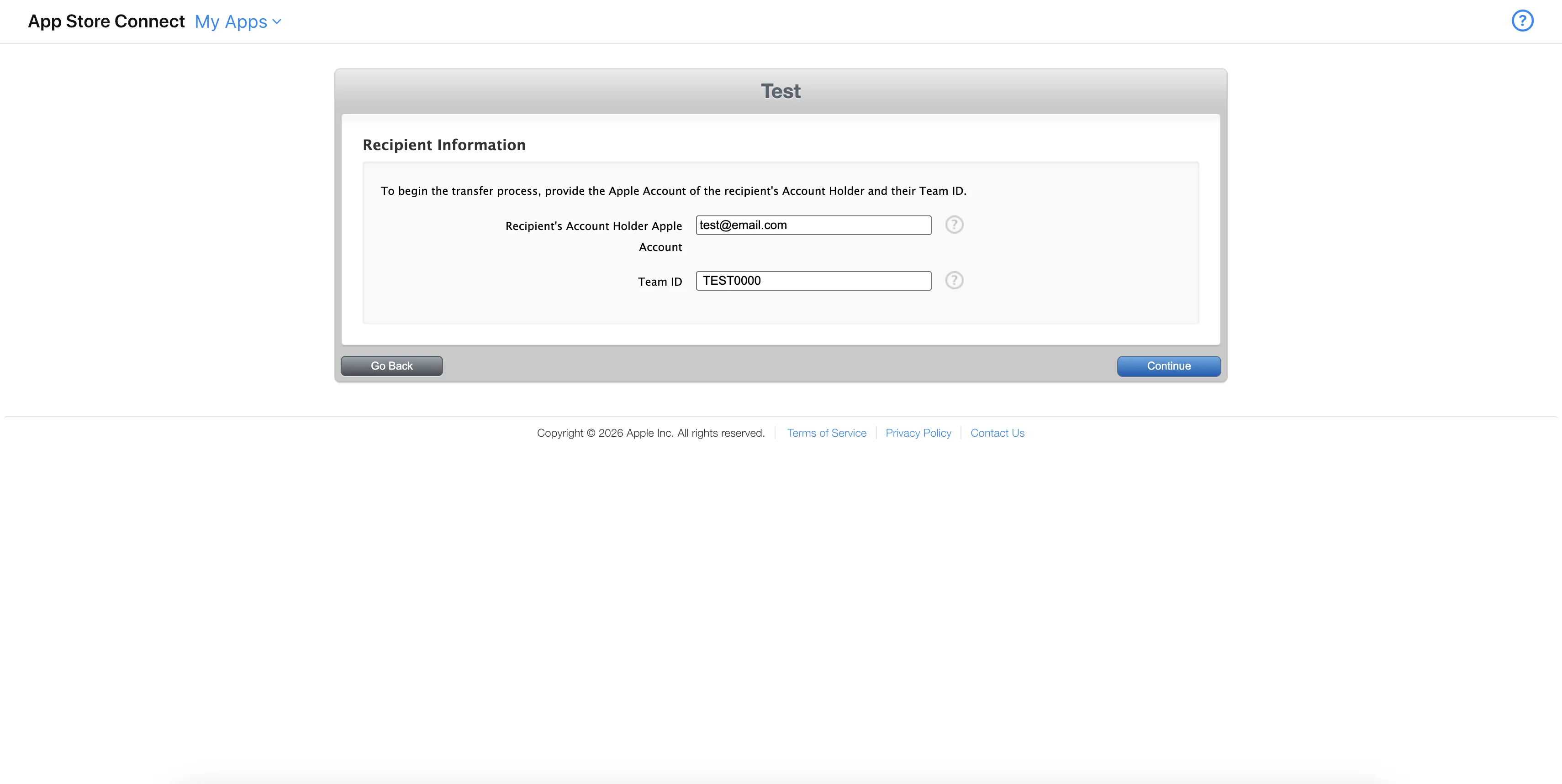 Recipient Information form — enter the Account Holder's Apple Account and Team ID