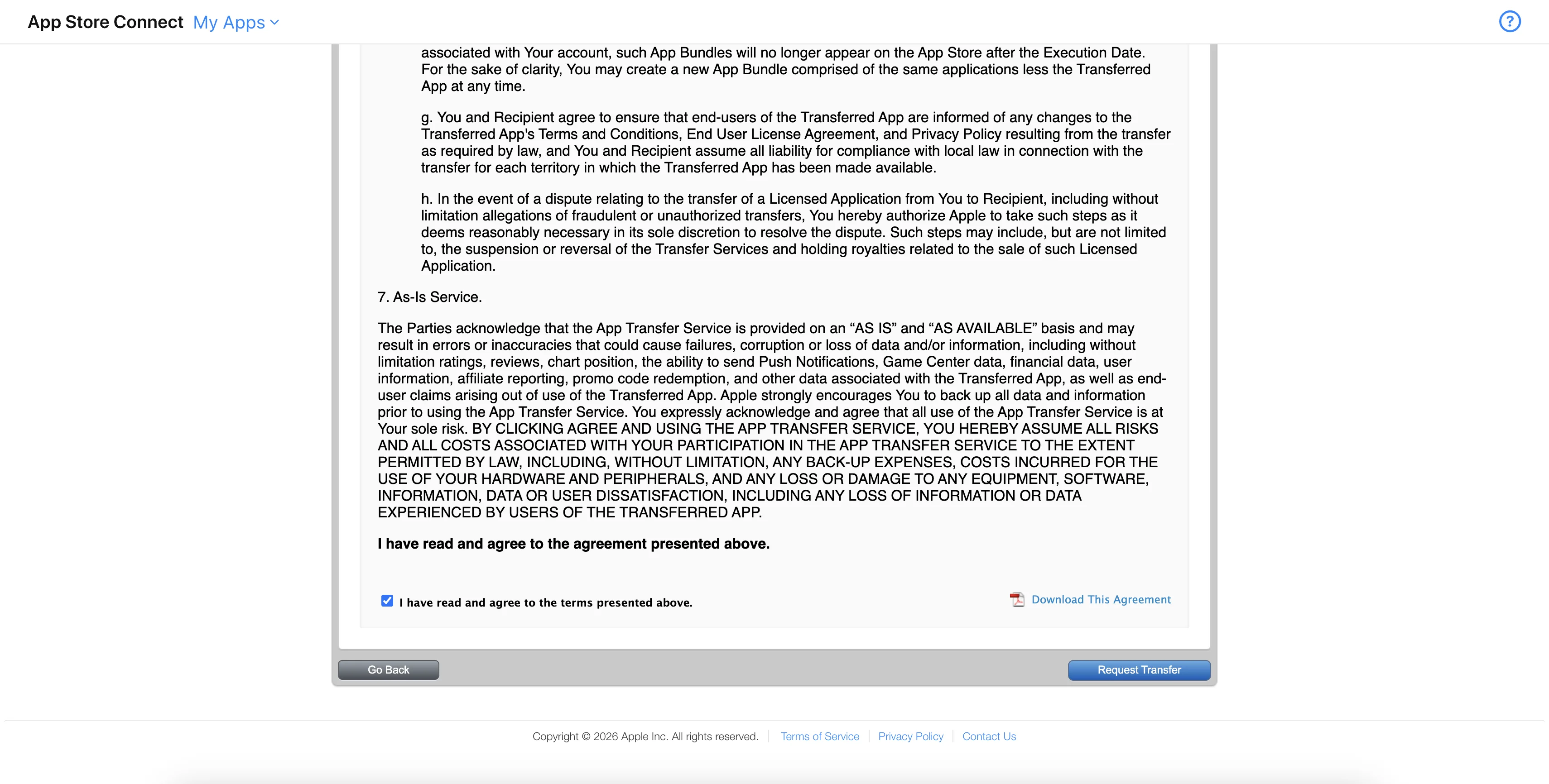 Bottom of the Application Transfer Agreement — agreement checkbox and Request Transfer button