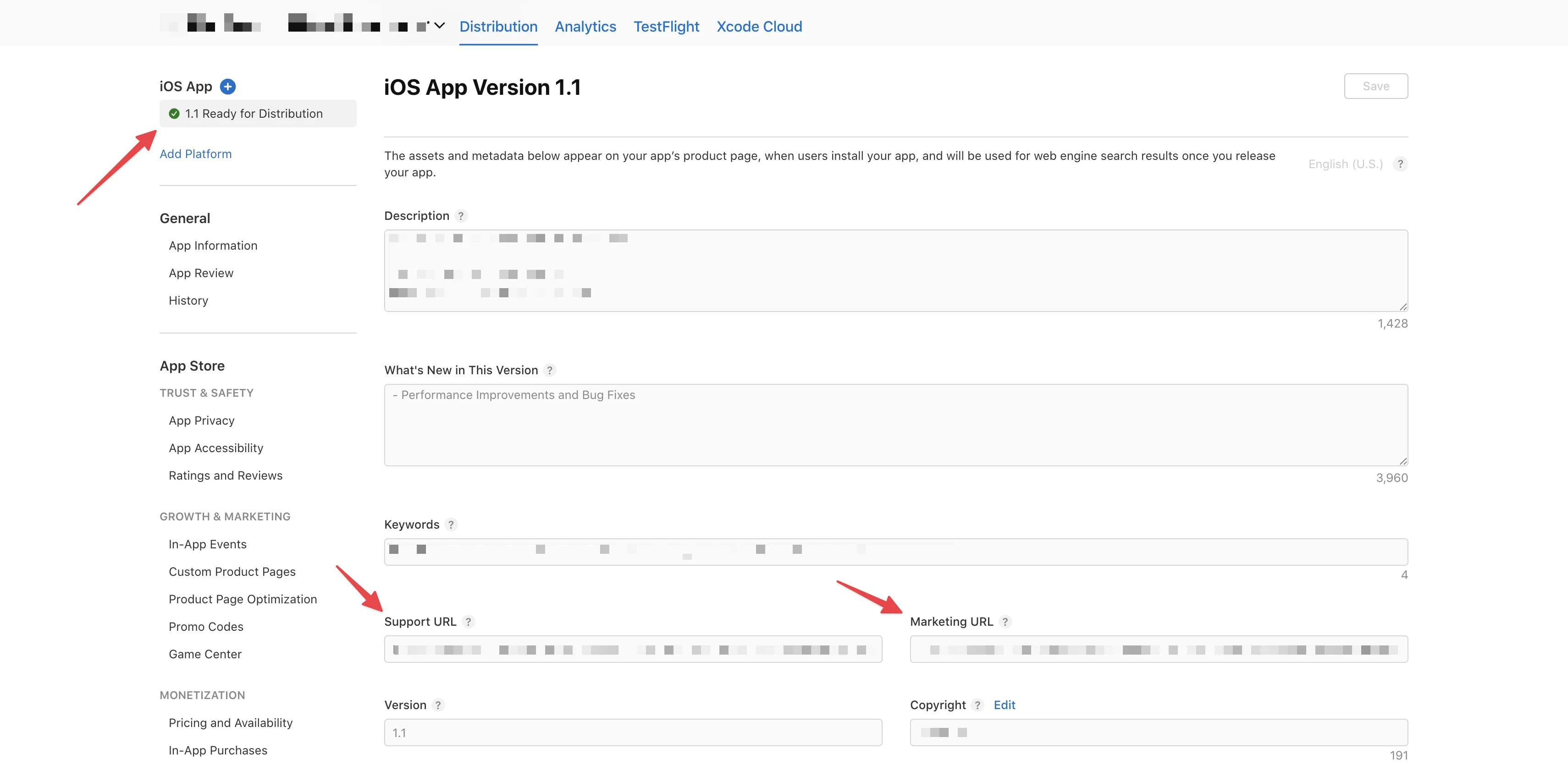 Published app version metadata — where to find the Support URL and Marketing URL