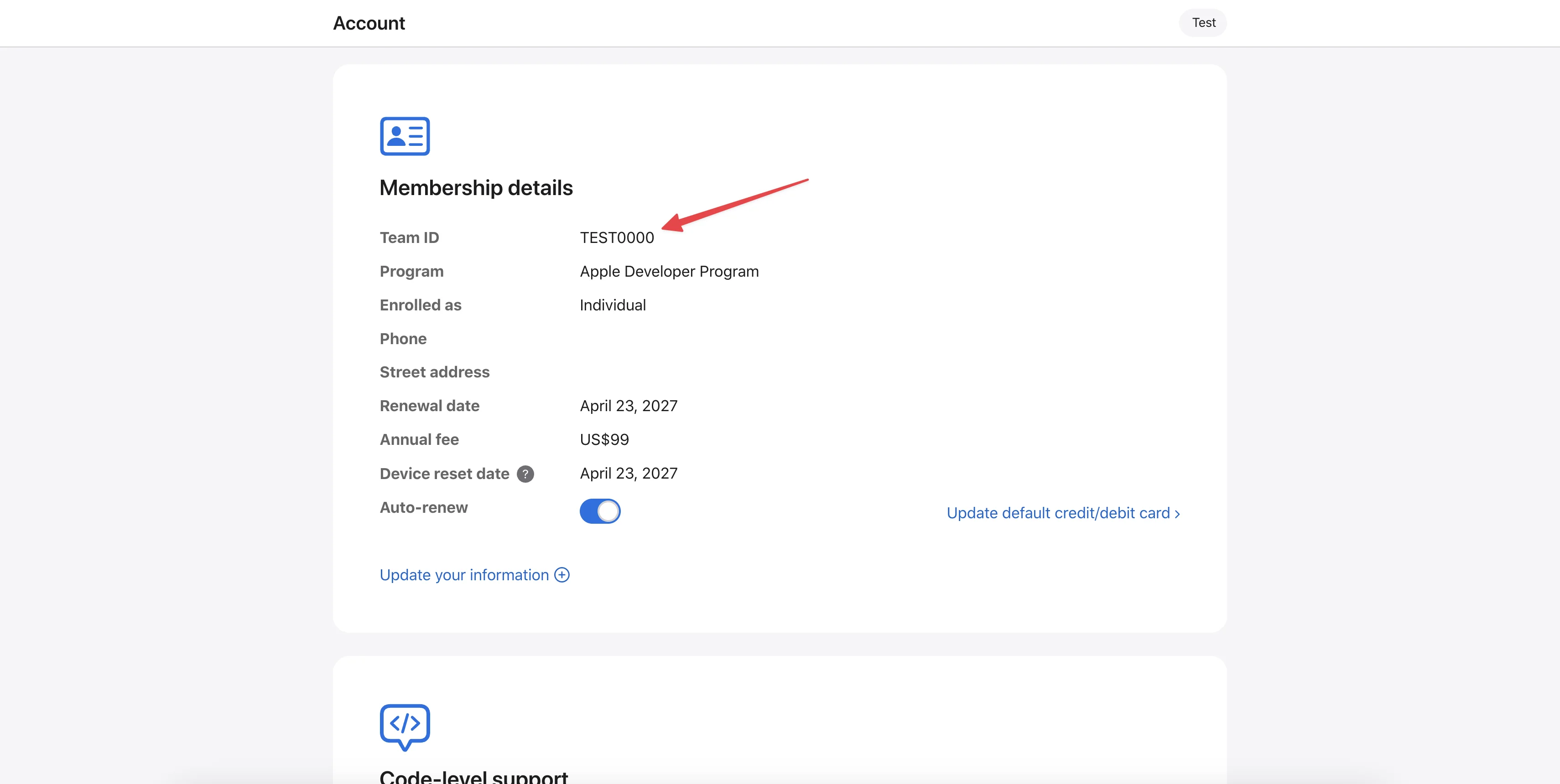 Membership details page on developer.apple.com — where to find the Team ID