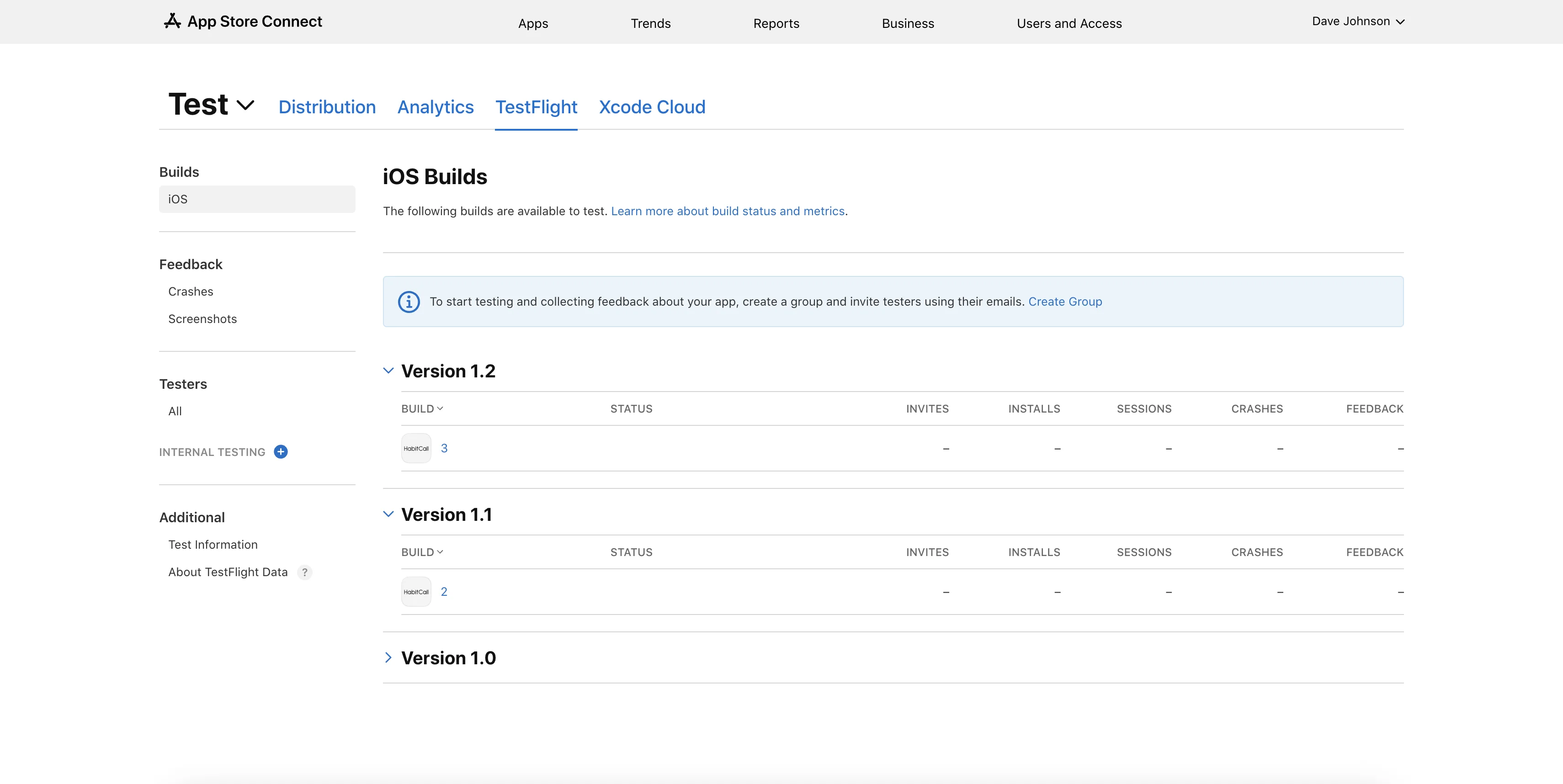 TestFlight tab in App Store Connect — check for builds before the transfer