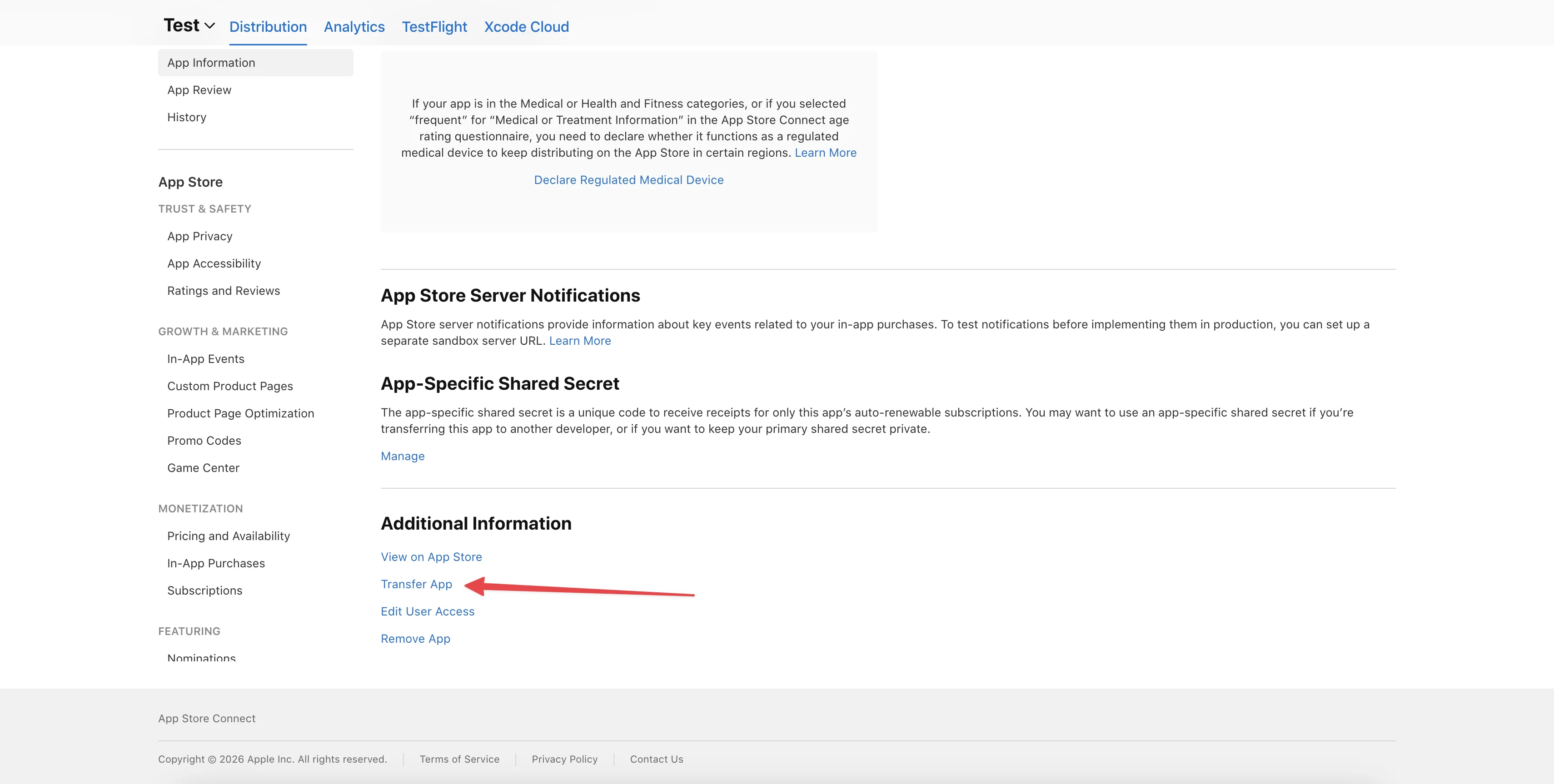 Additional Information block in App Information — the Transfer App link