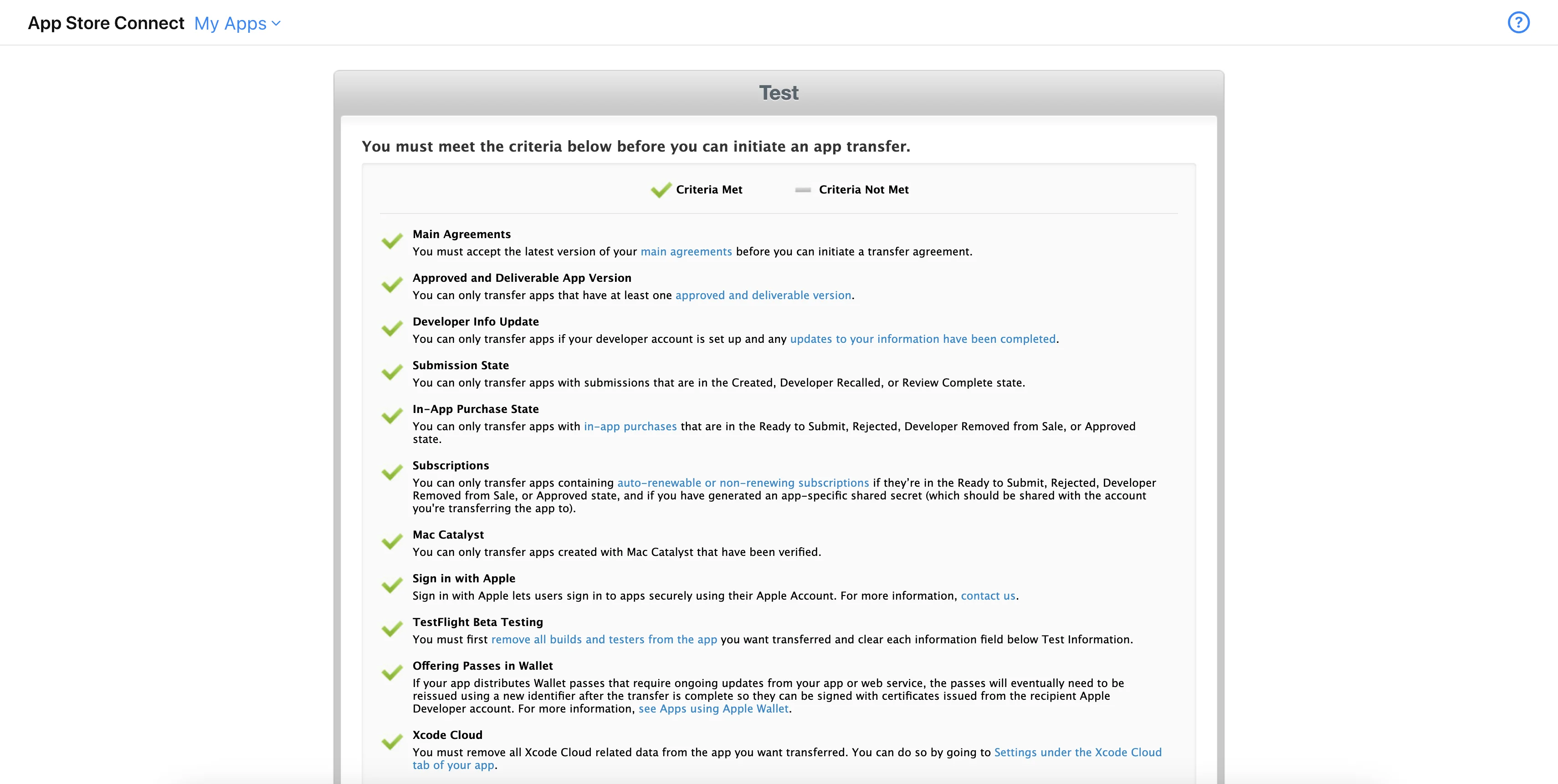 App Transfer criteria page in App Store Connect — list of requirements with status