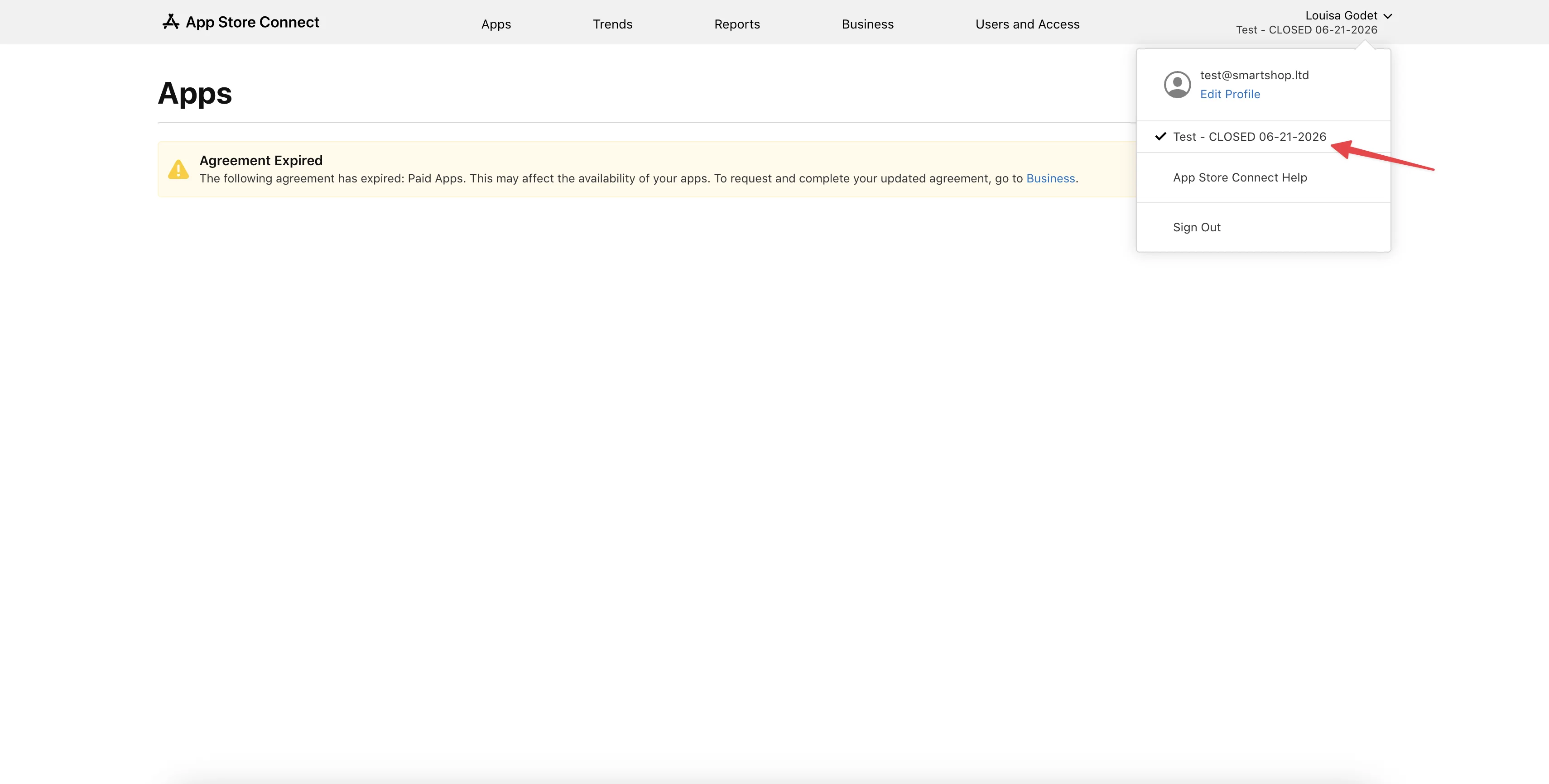 App Store Connect — статус CLOSED рядом с аккаунтом при Notice of Termination Apple Developer