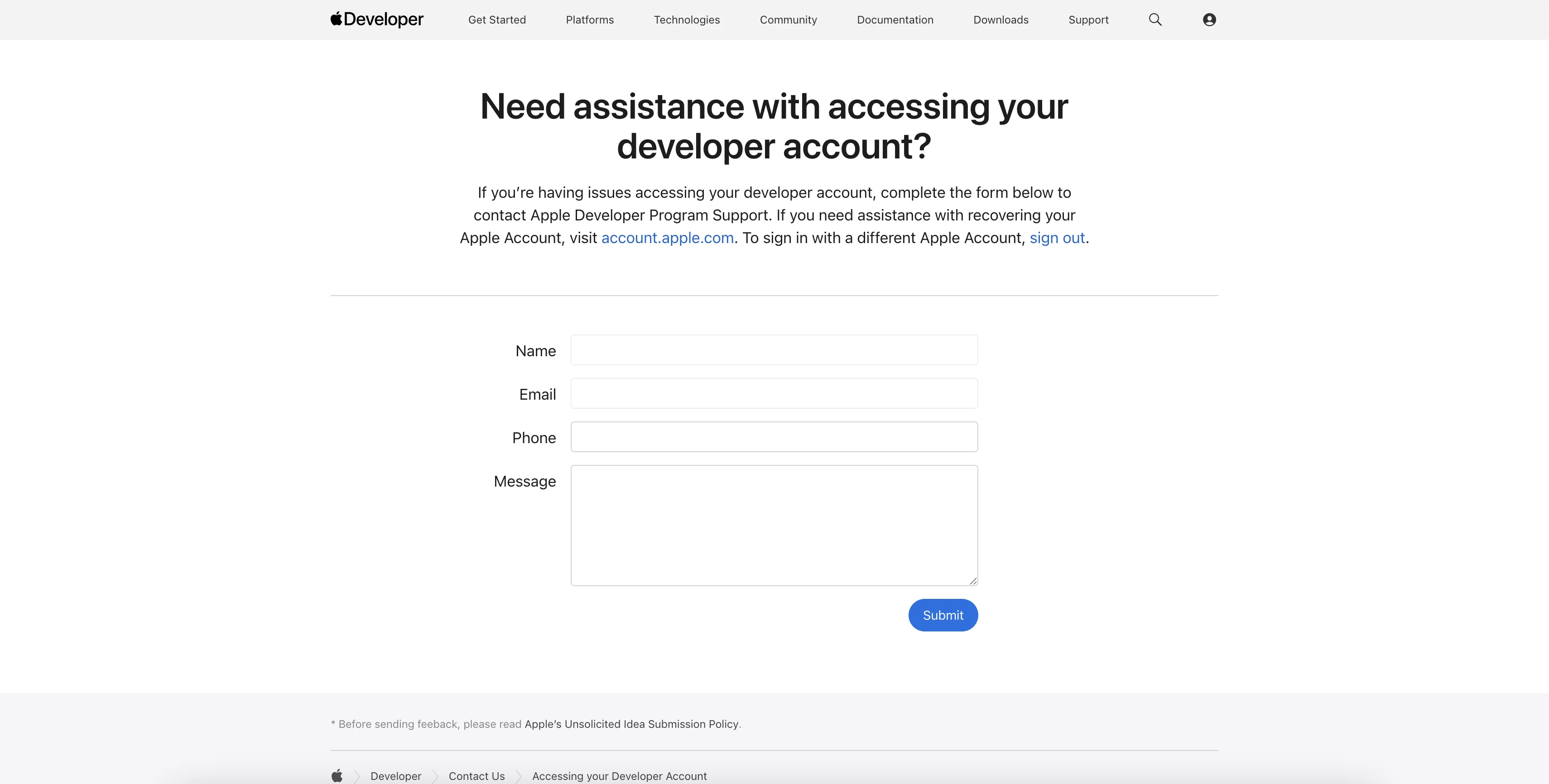 Форма Need assistance with accessing your developer account на Apple Developer — канал связи после Notice of Termination