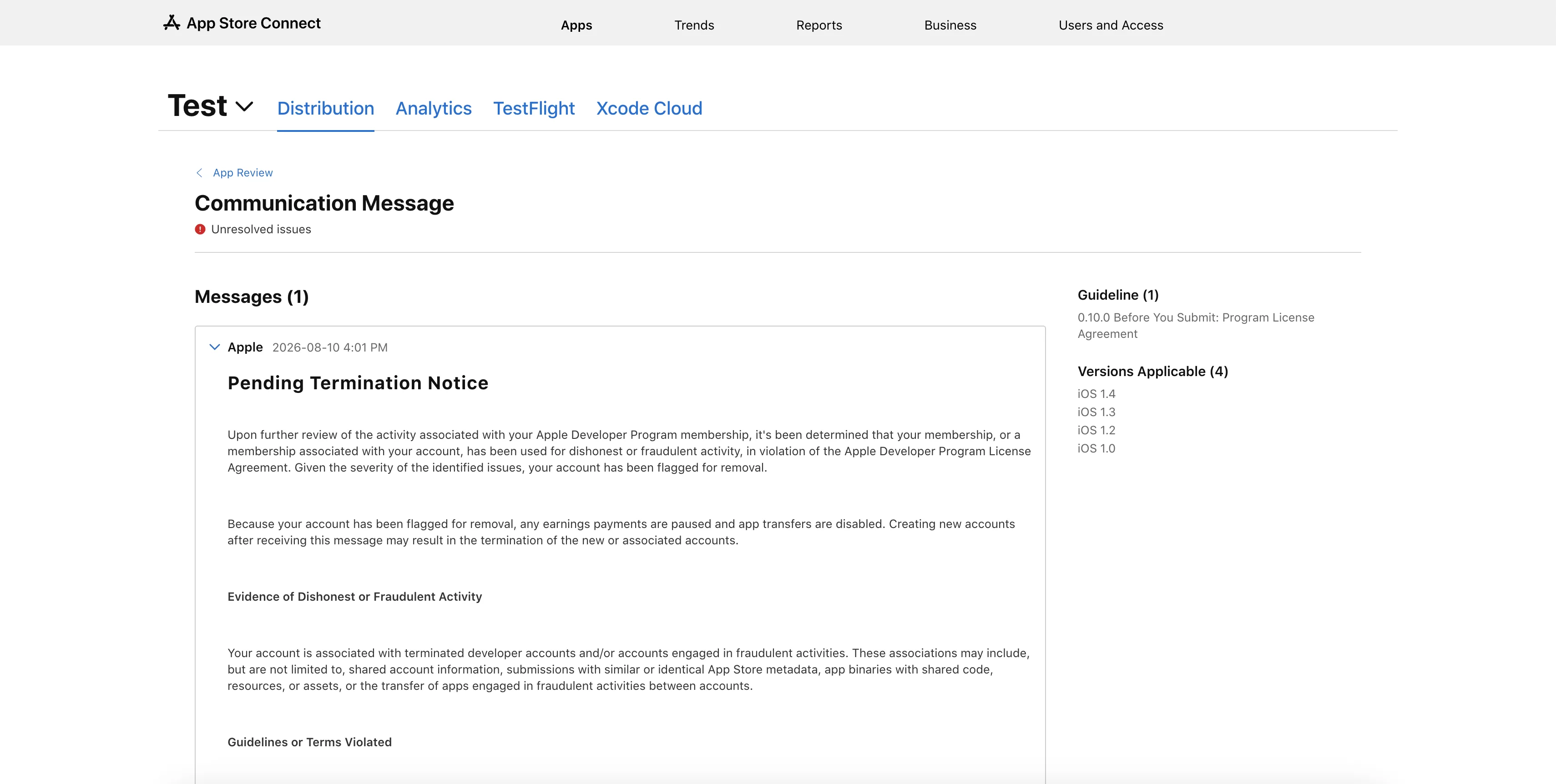 Pending Termination Notice в App Store Connect — сообщение от App Review о флаге на удаление аккаунта
