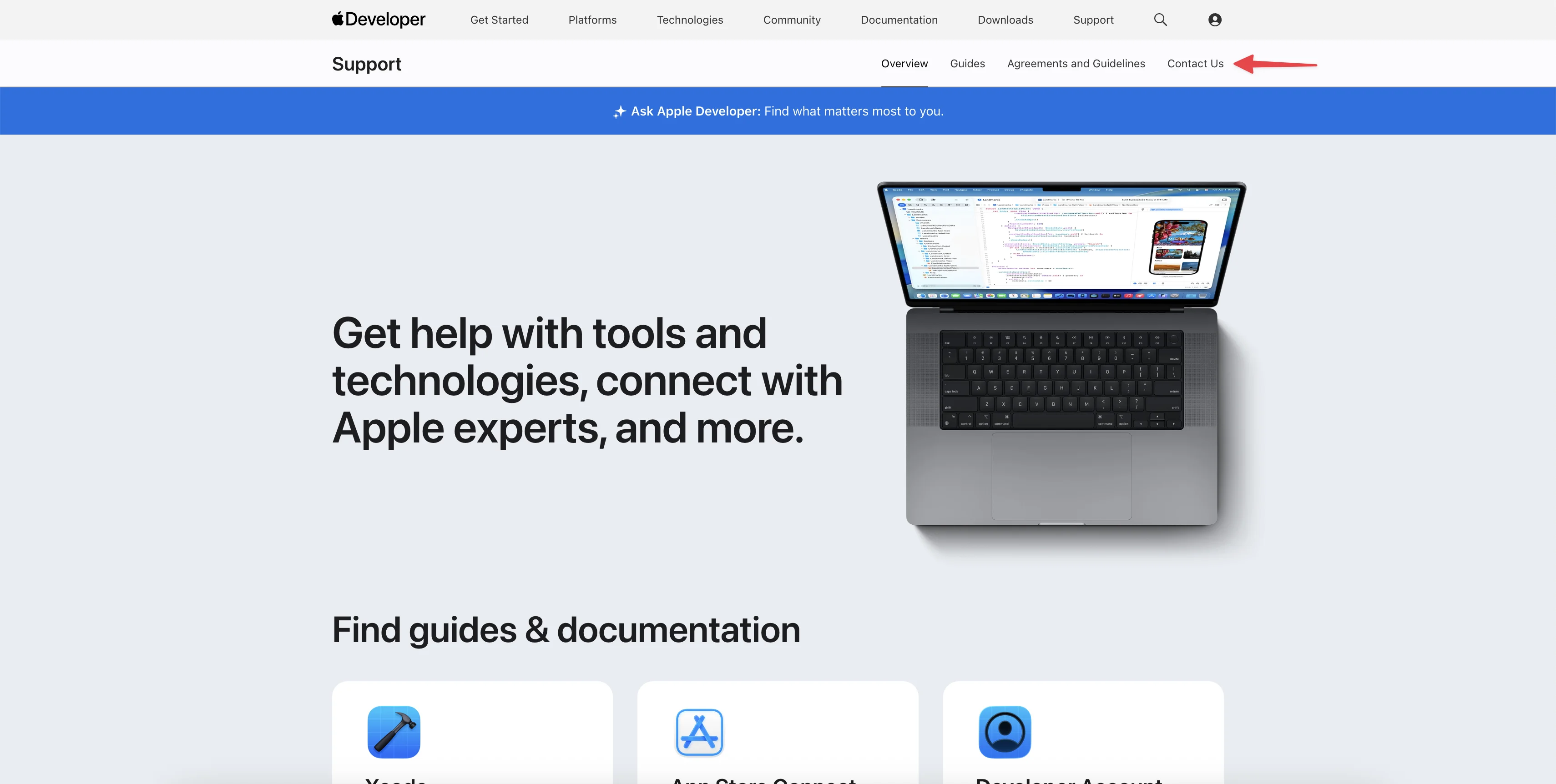 Раздел поддержки Apple Developer с кнопкой Contact Us при Pending Termination Notice