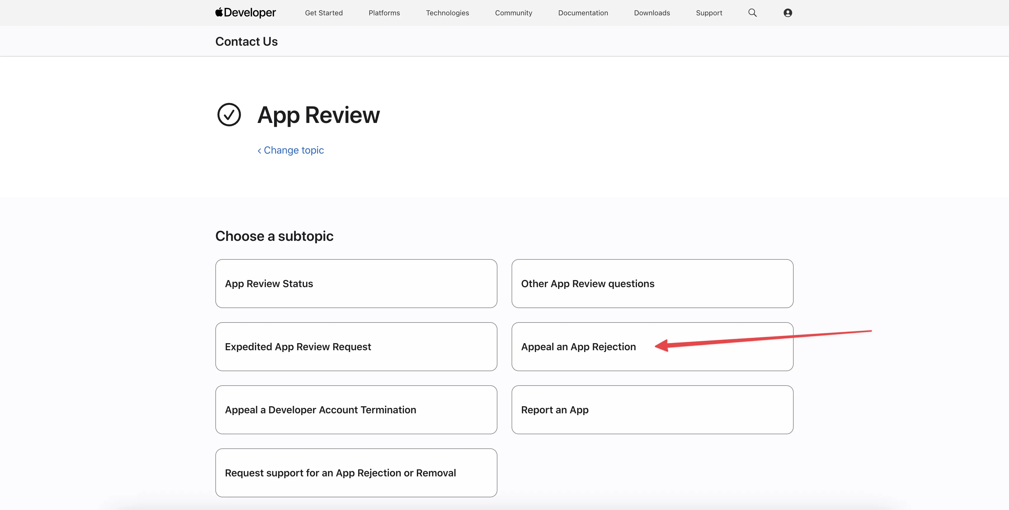 Выбор Appeal an App Rejection в подкатегориях App Review для подачи апелляции при бане Developer аккаунта