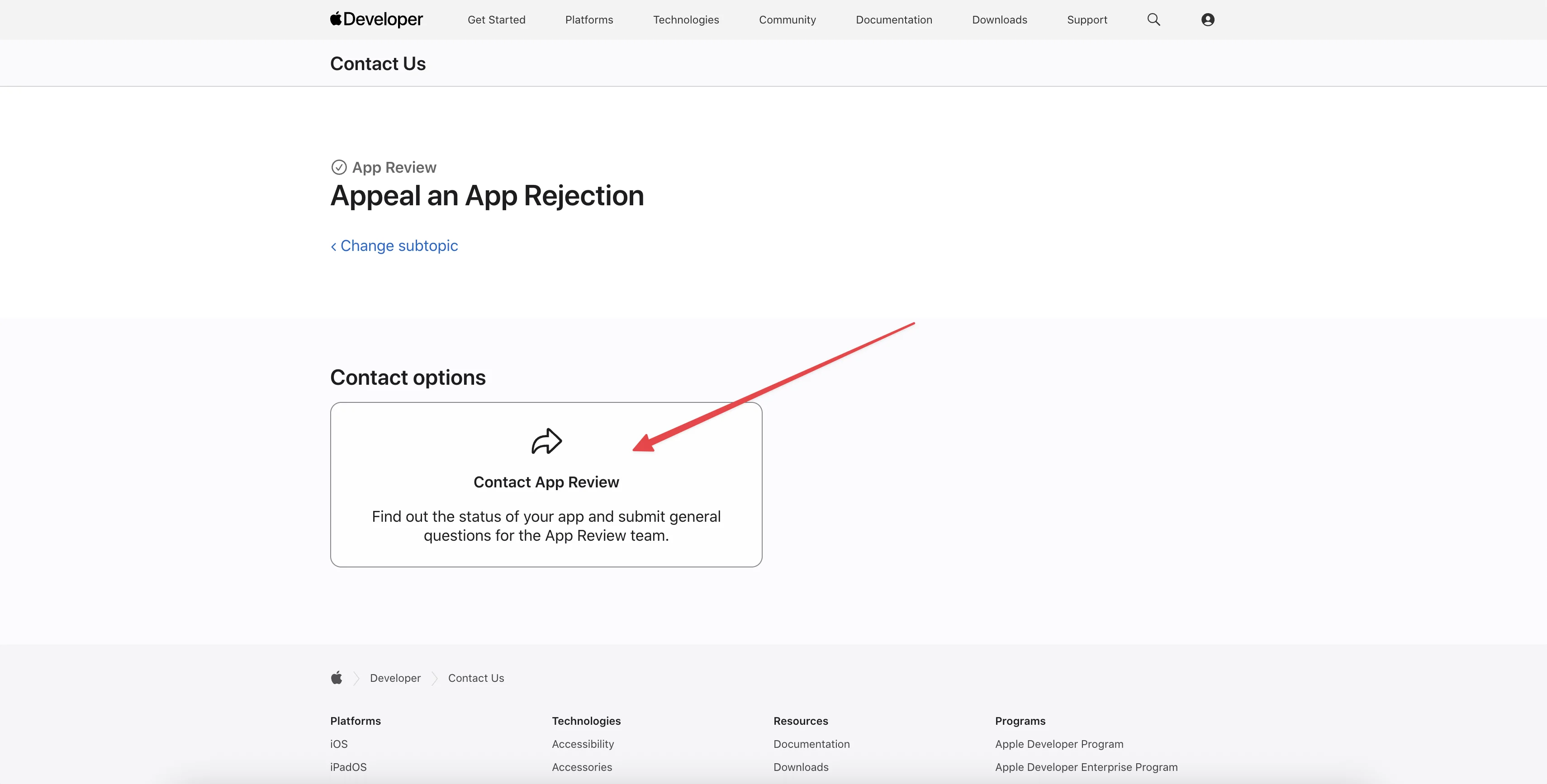 Кнопка Contact App Review для открытия формы апелляции Apple Developer Account