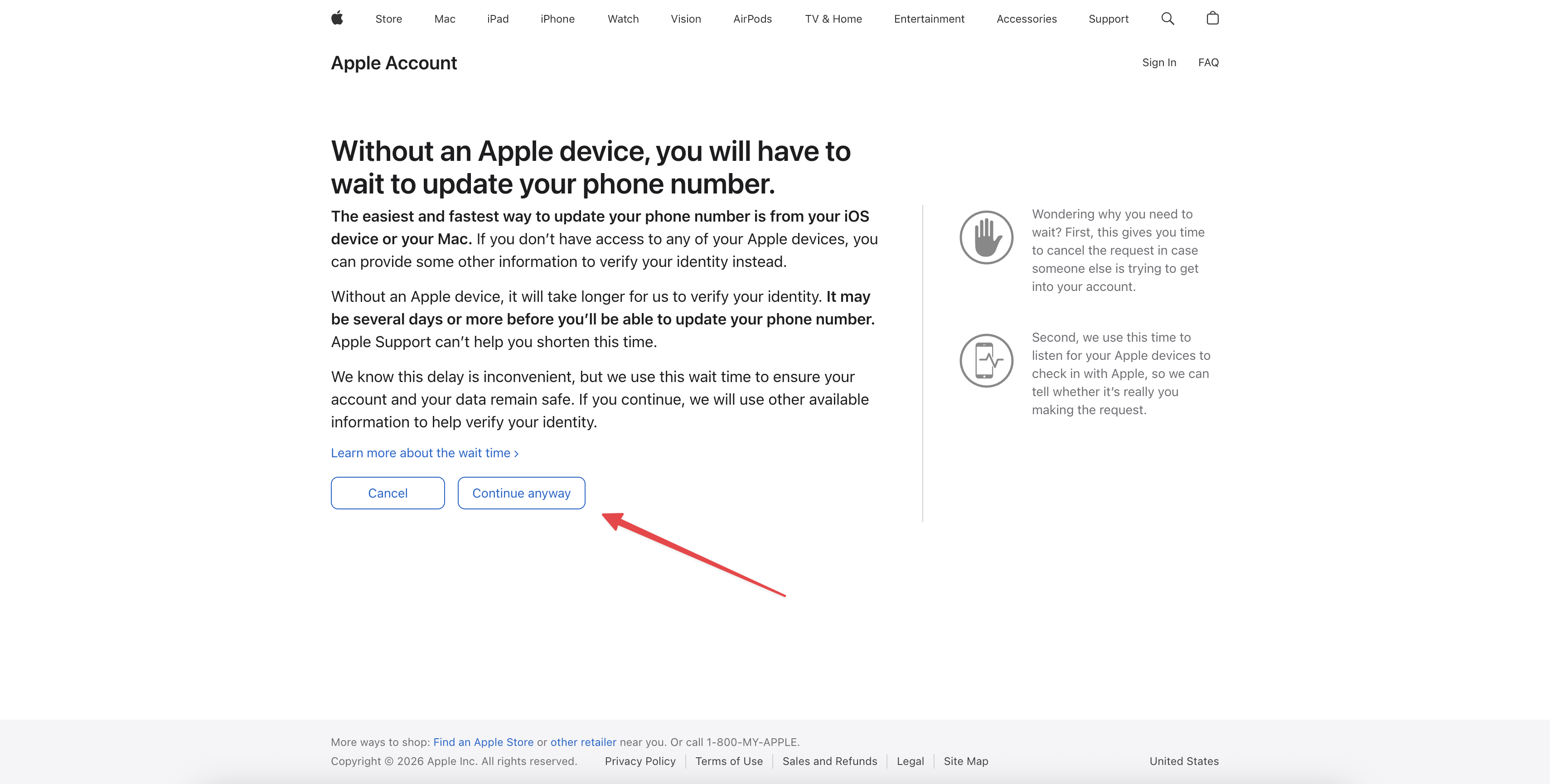 Warning screen without Apple device — Continue anyway button to start Account Recovery