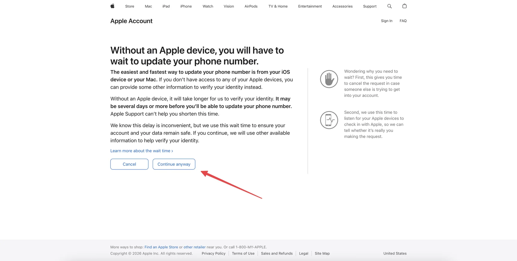 Экран предупреждения без Apple-устройства — кнопка Continue anyway для запуска Account Recovery
