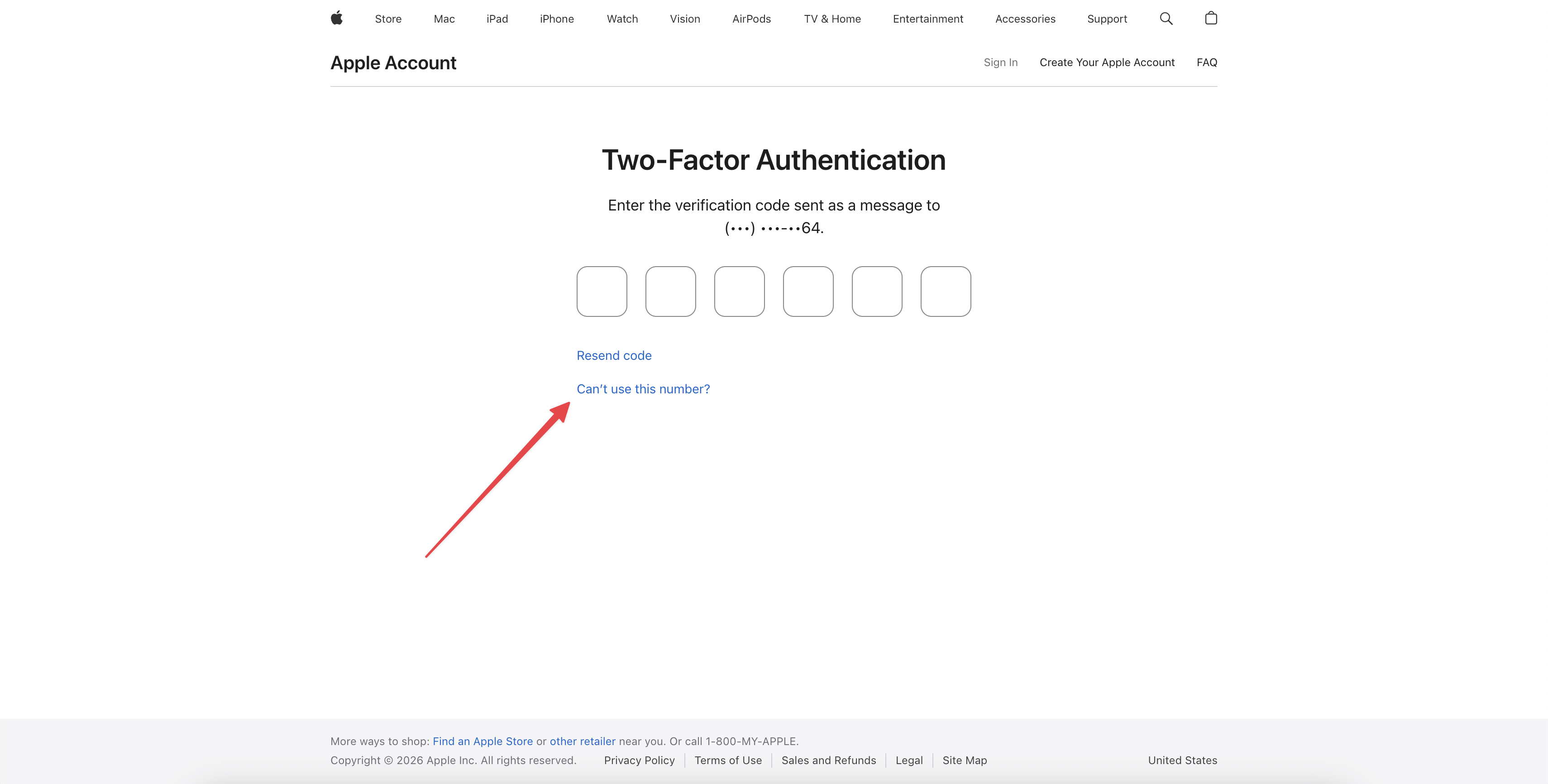 Two-Factor Authentication screen — Can't use this number? link to start Apple Developer account recovery