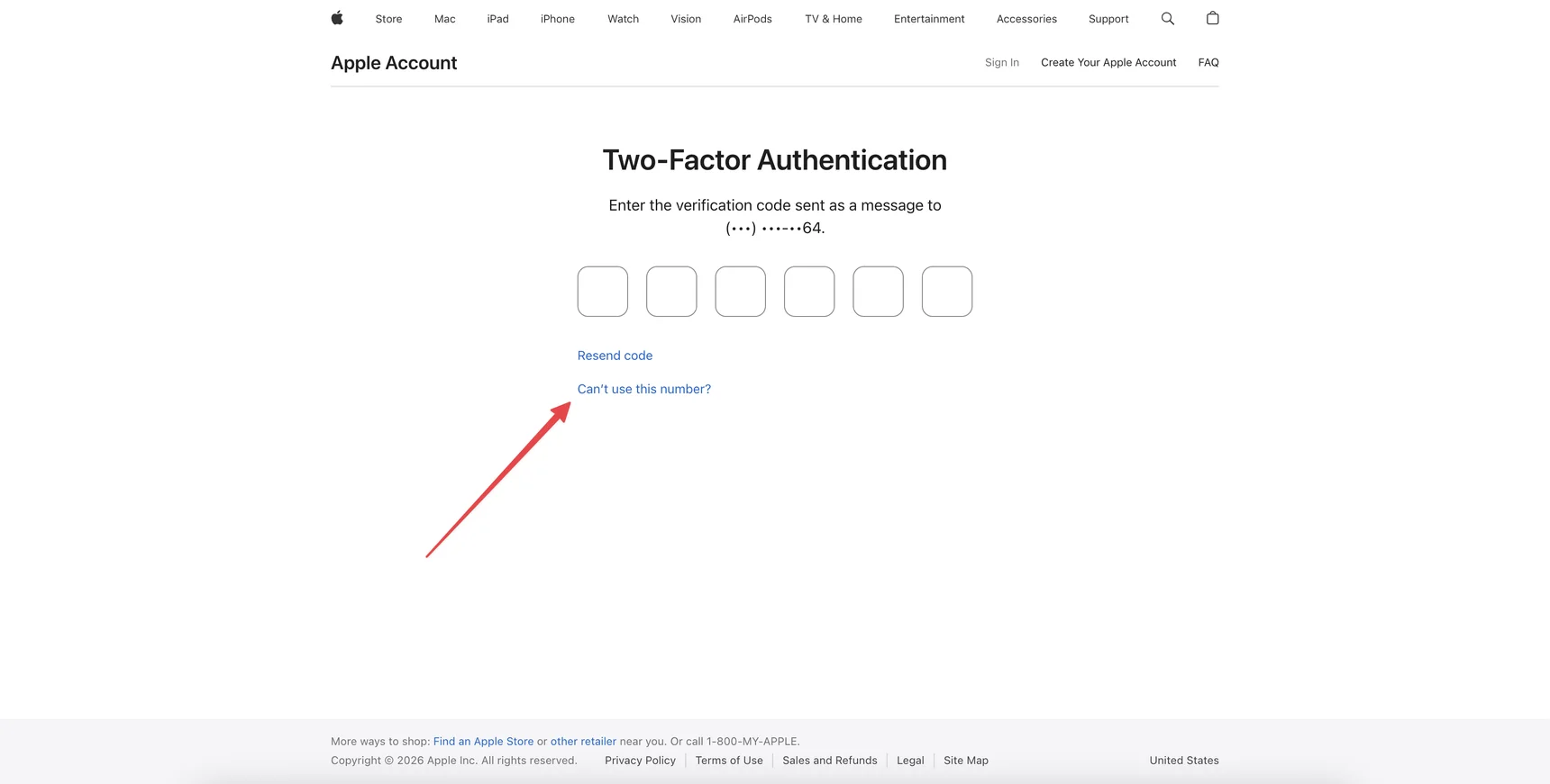 Экран Two-Factor Authentication — ссылка «Can't use this number?» для запуска восстановления Apple Developer аккаунта
