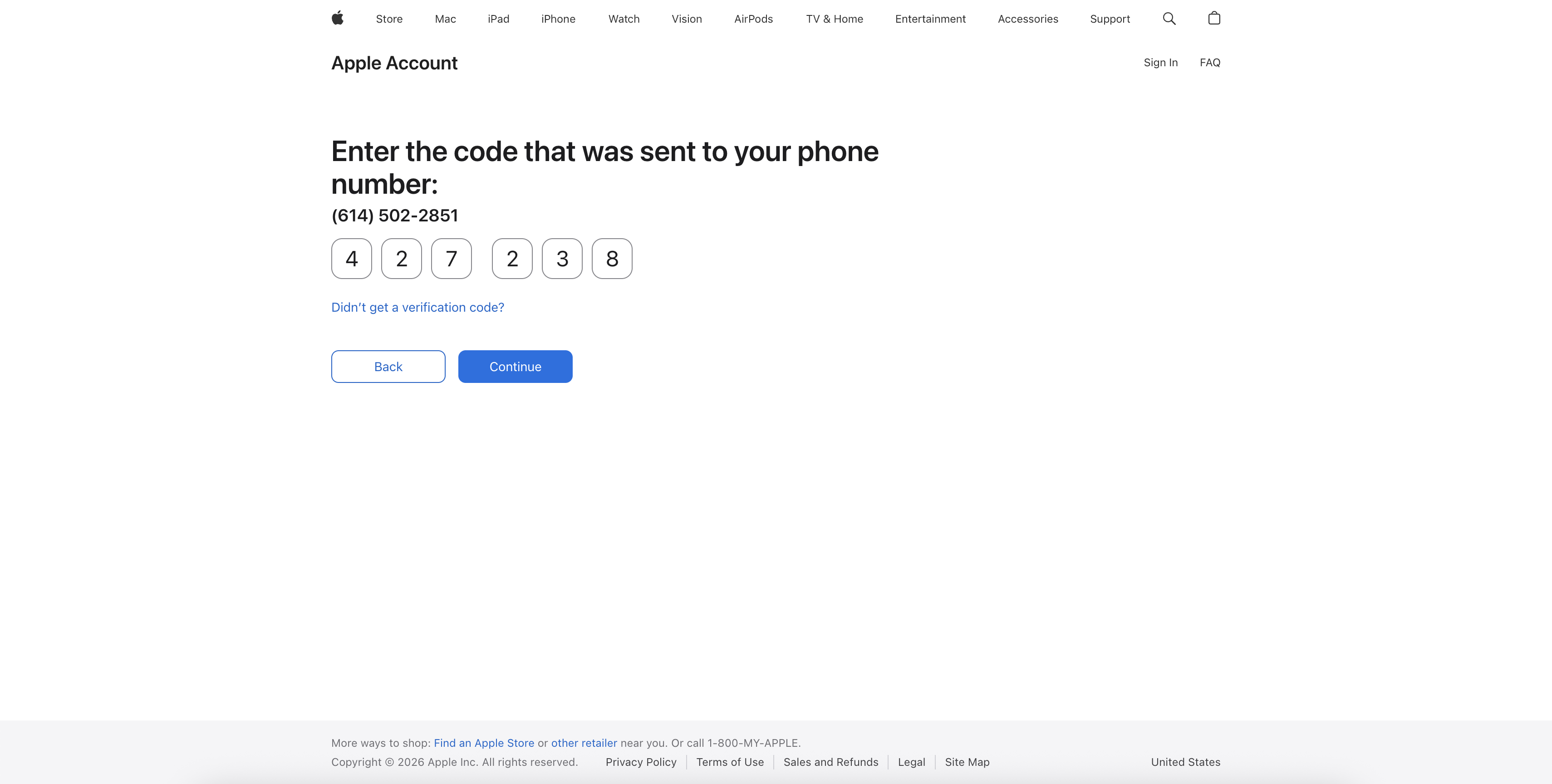 Verification code entry screen for new phone number during Apple Account Recovery