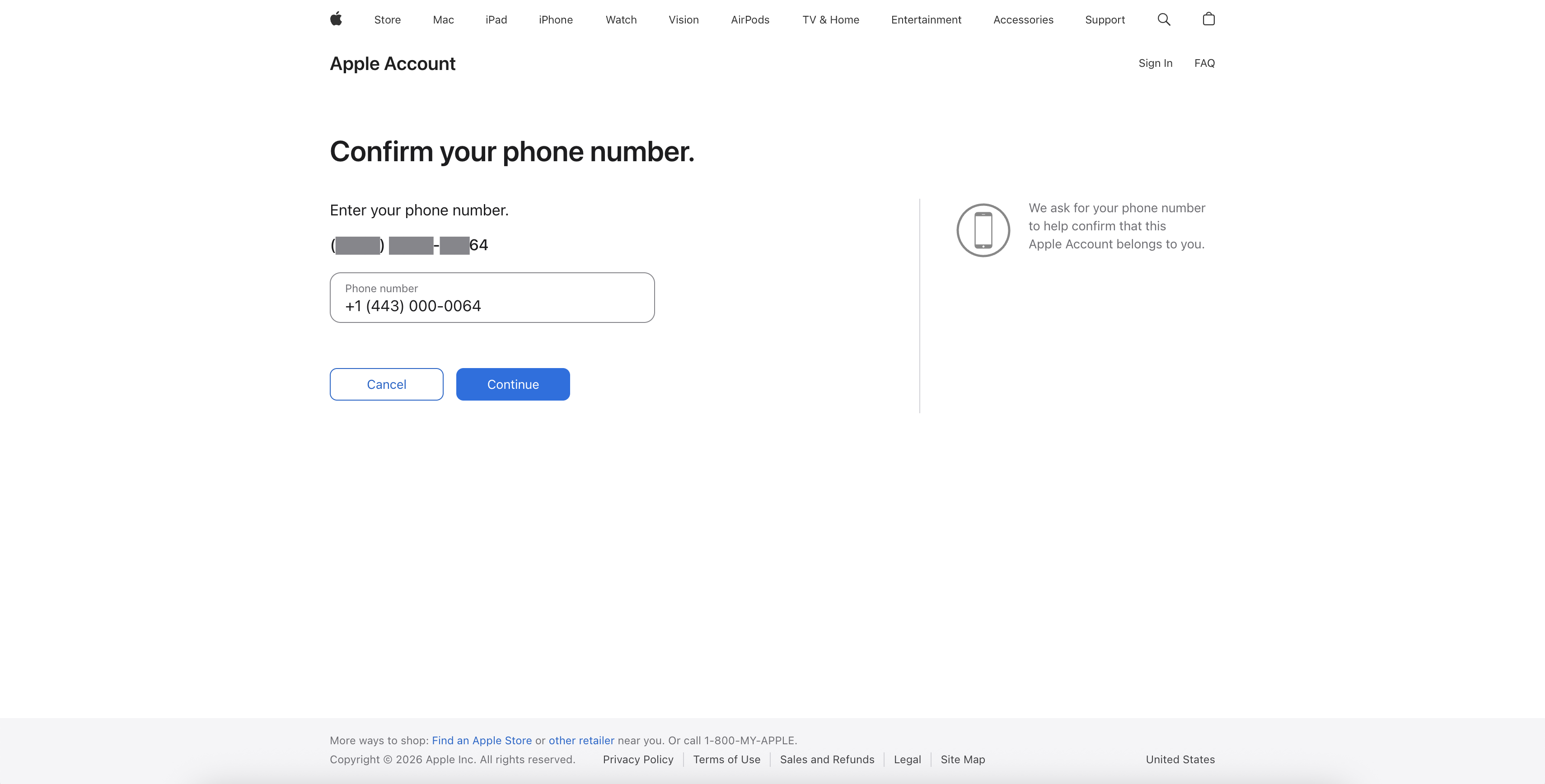 Confirm your phone number screen — entering the old trusted number to verify Apple Account ownership