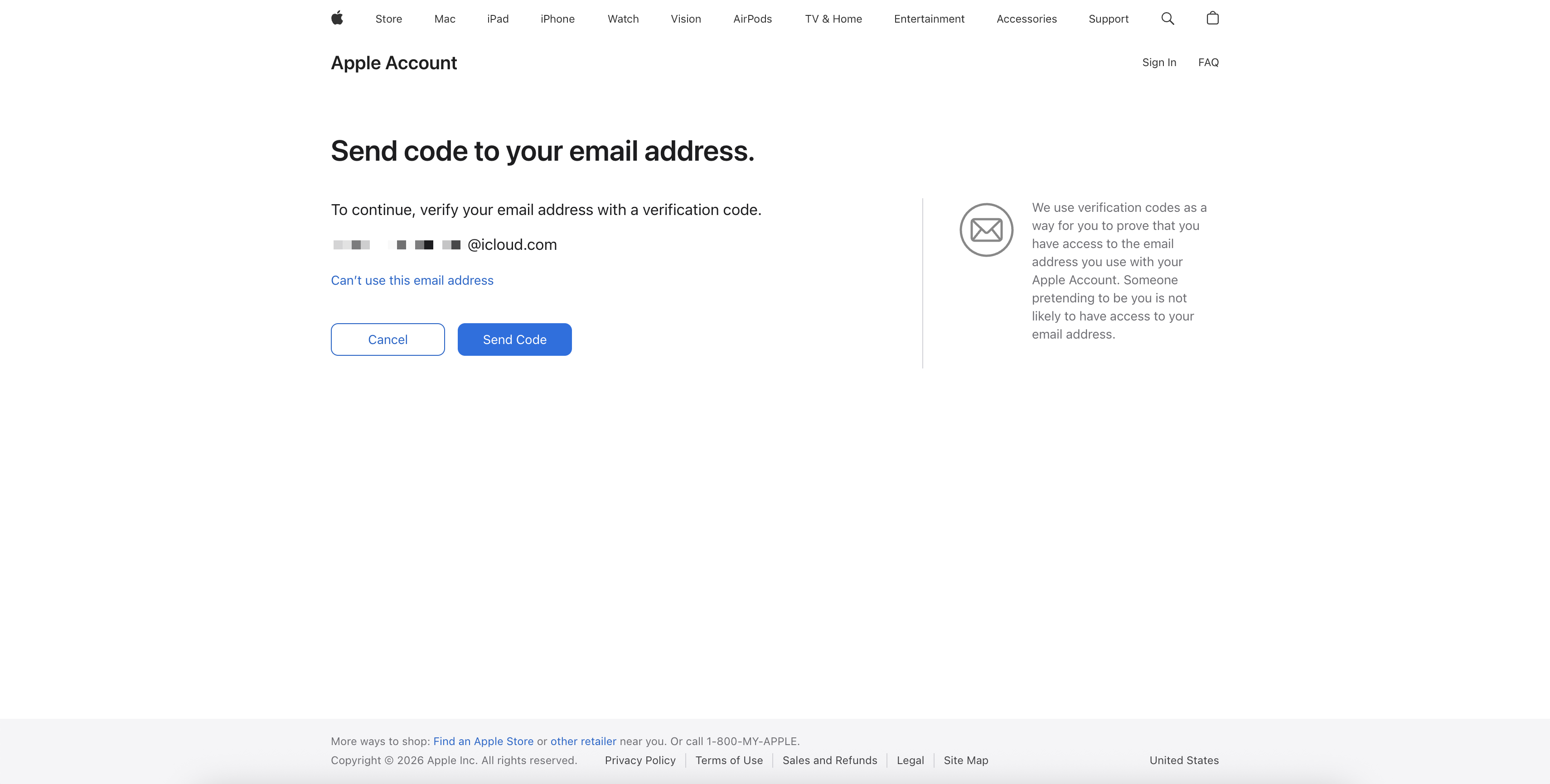 Send code to your email address screen — confirming email access during Apple Account Recovery