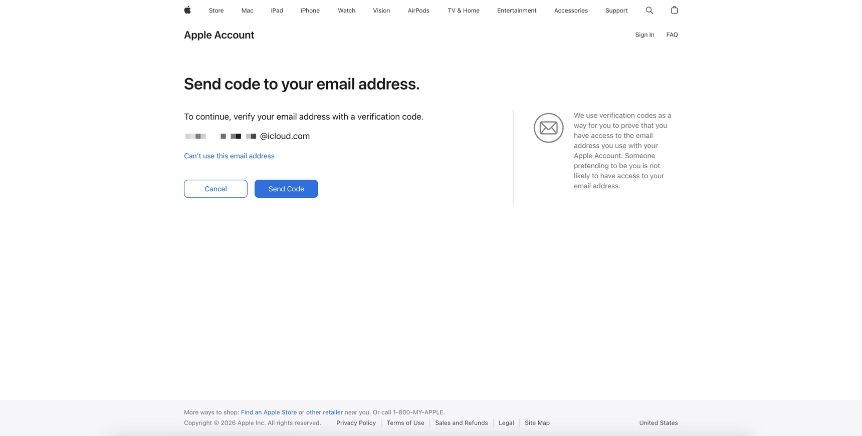 Экран Send code to your email address — подтверждение доступа к электронной почте при Apple Account Recovery