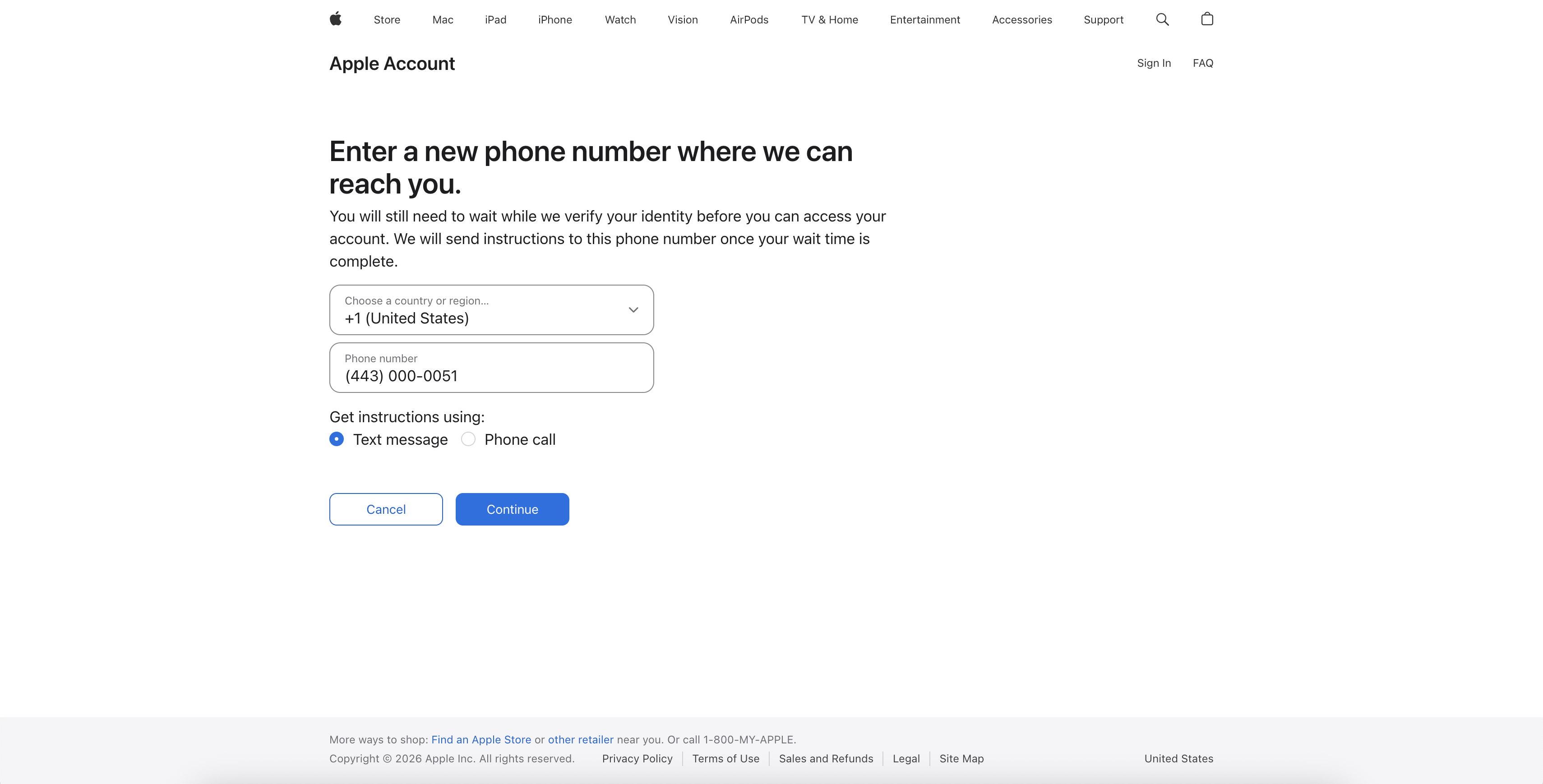 Enter a new phone number screen — providing contact number to receive Apple recovery instructions