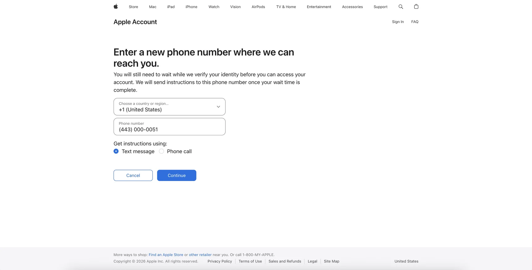 Экран Enter a new phone number — ввод нового контактного номера для получения инструкций Apple по восстановлению