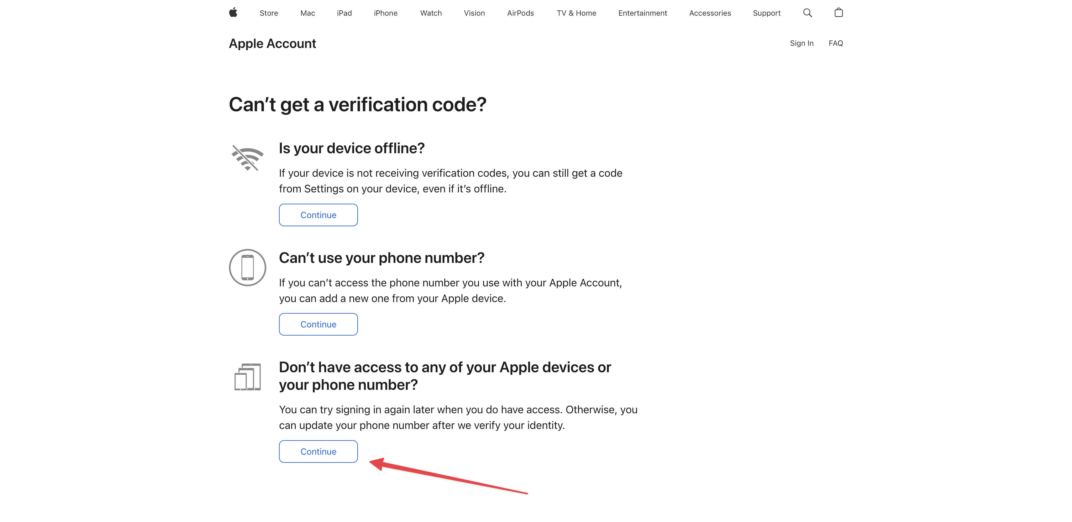 Can't get a verification code screen — selecting the option without access to devices or phone number