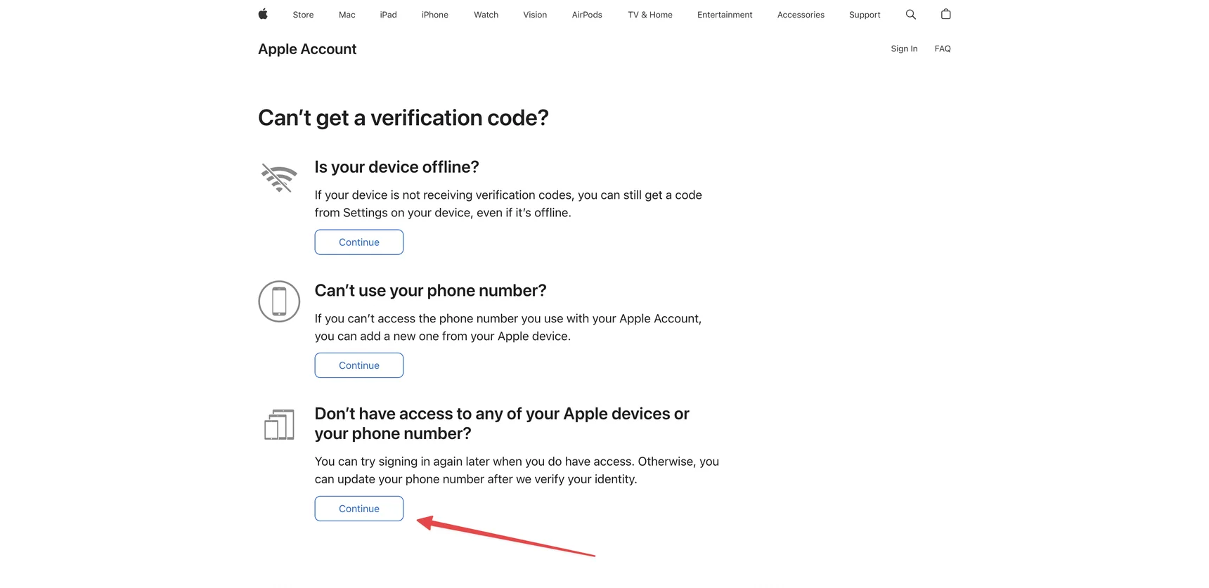Экран Can't get a verification code — выбор варианта без доступа к устройствам и номеру телефона
