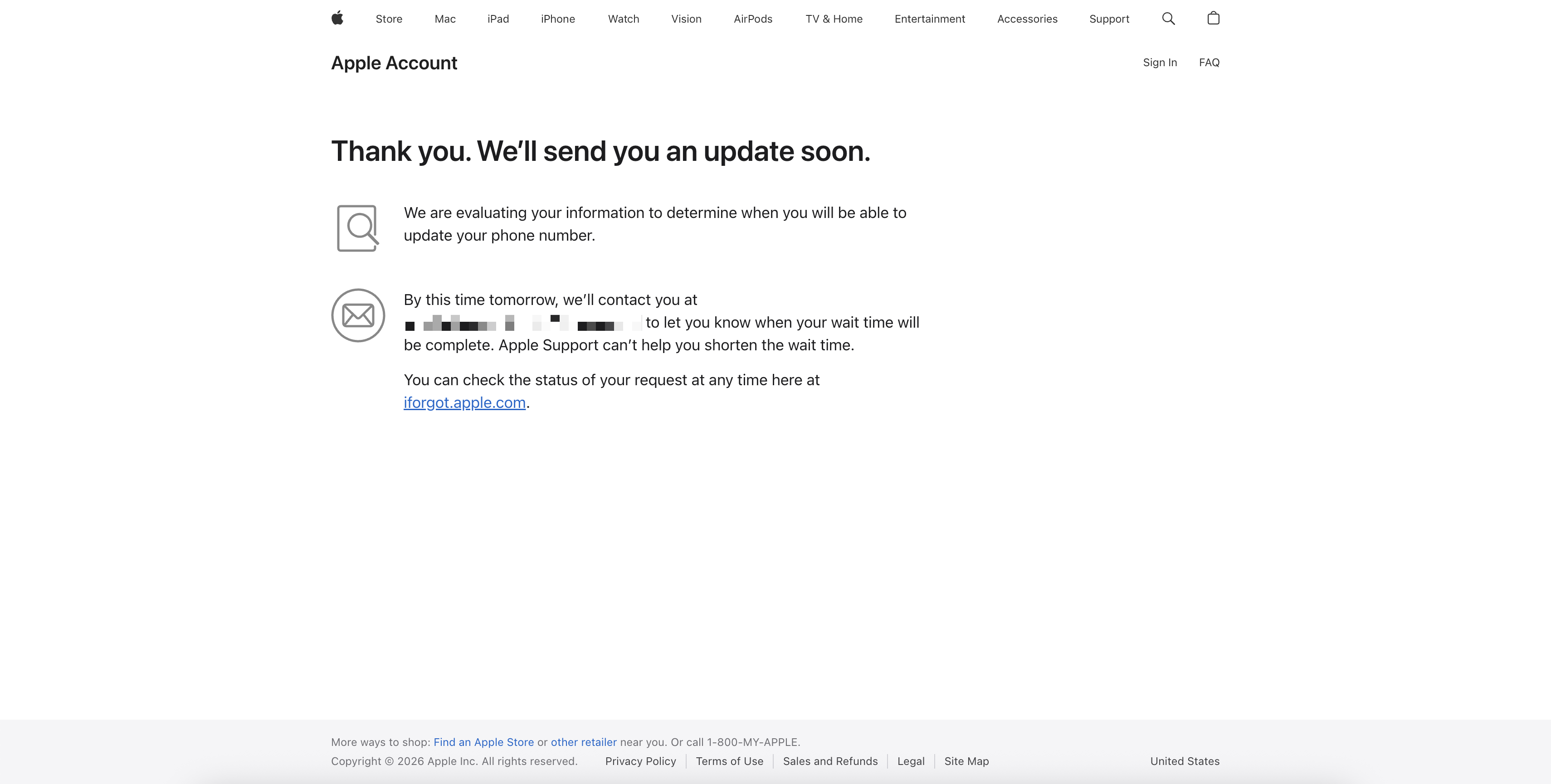 Thank you. We'll send you an update soon screen — confirmation of Apple Account Recovery request submission