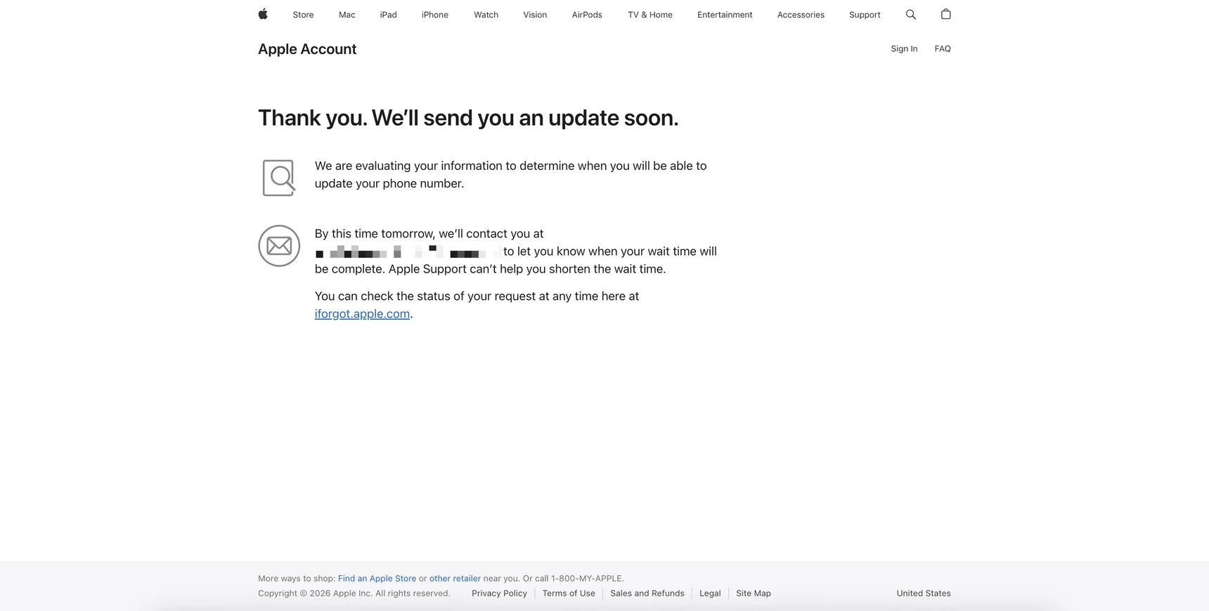 Экран Thank you. We'll send you an update soon — подтверждение успешной подачи заявки на Apple Account Recovery