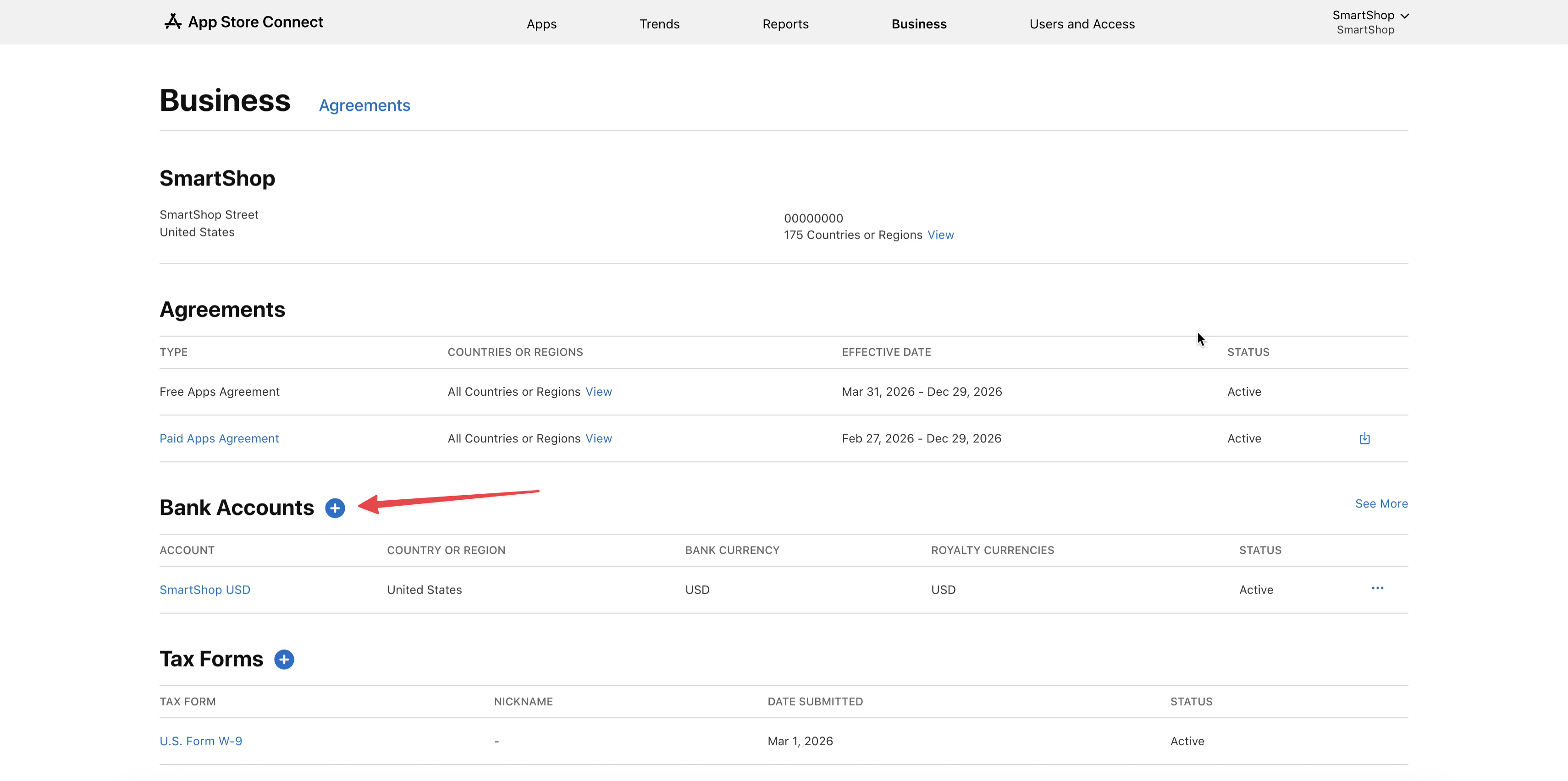 App Store Connect — Bank Accounts section and the "+" button to add bank details