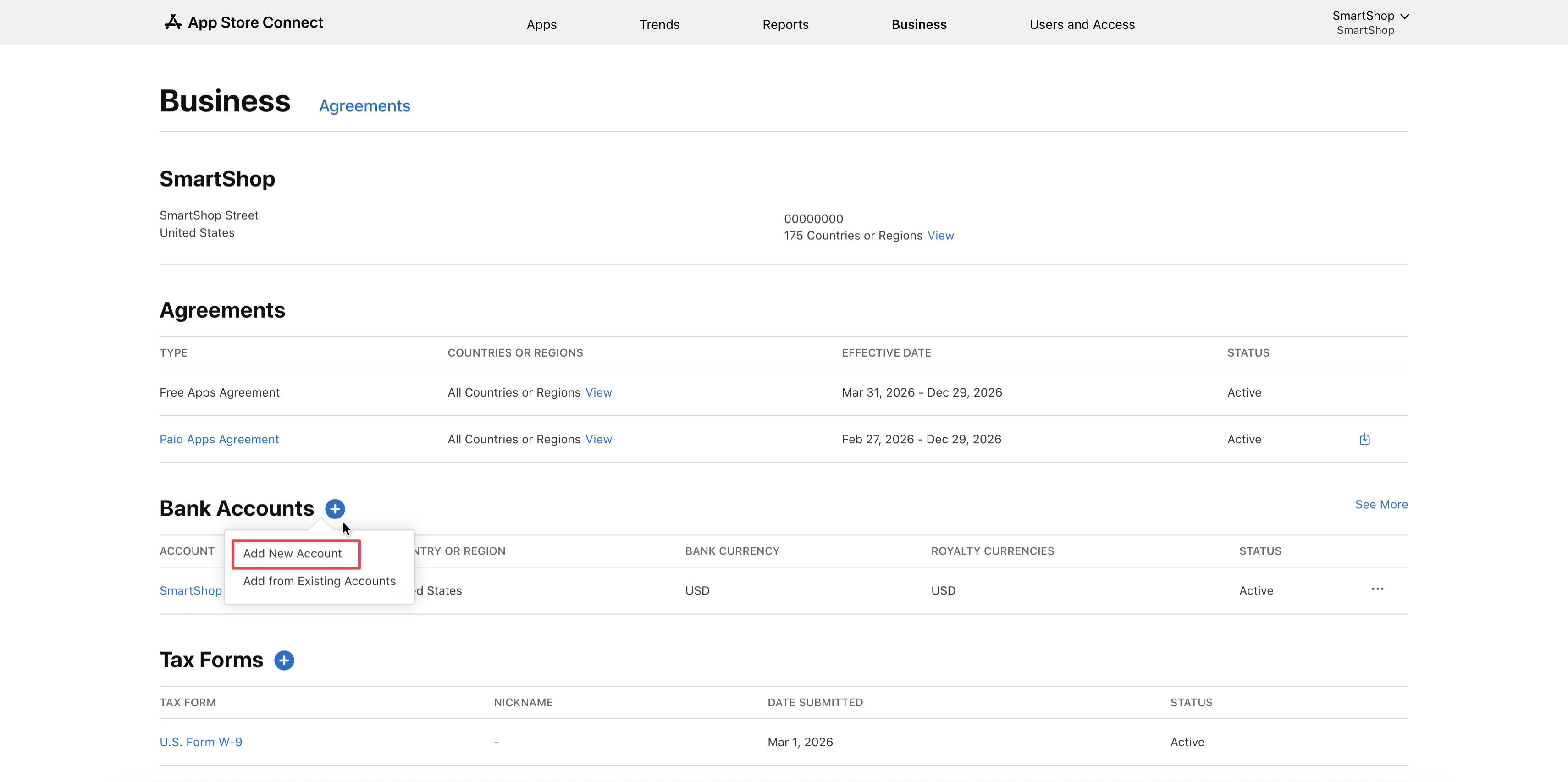 App Store Connect — selecting Add New Account