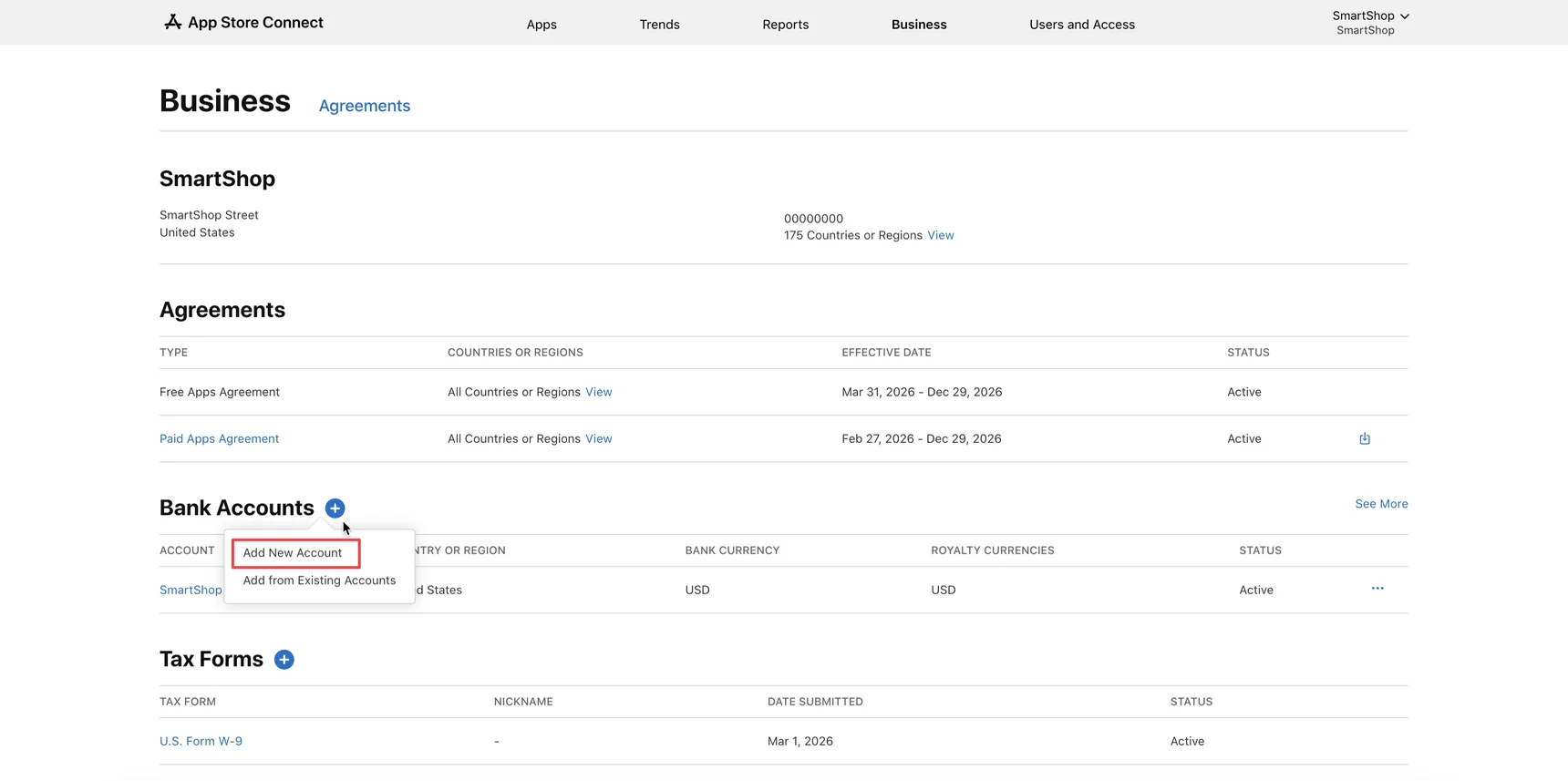 App Store Connect — вибір пункту Add New Account