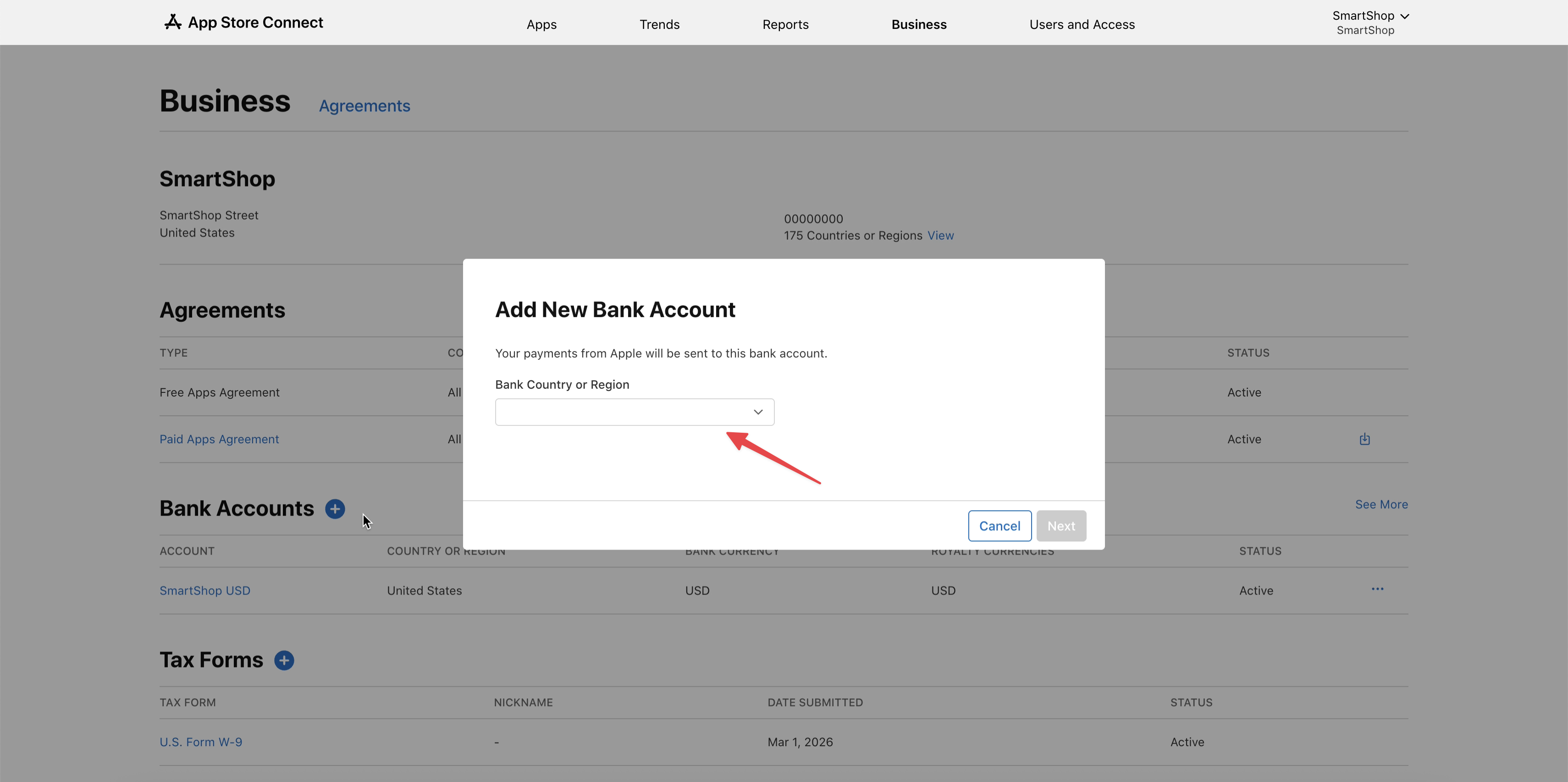 App Store Connect — Bank Country or Region selection window