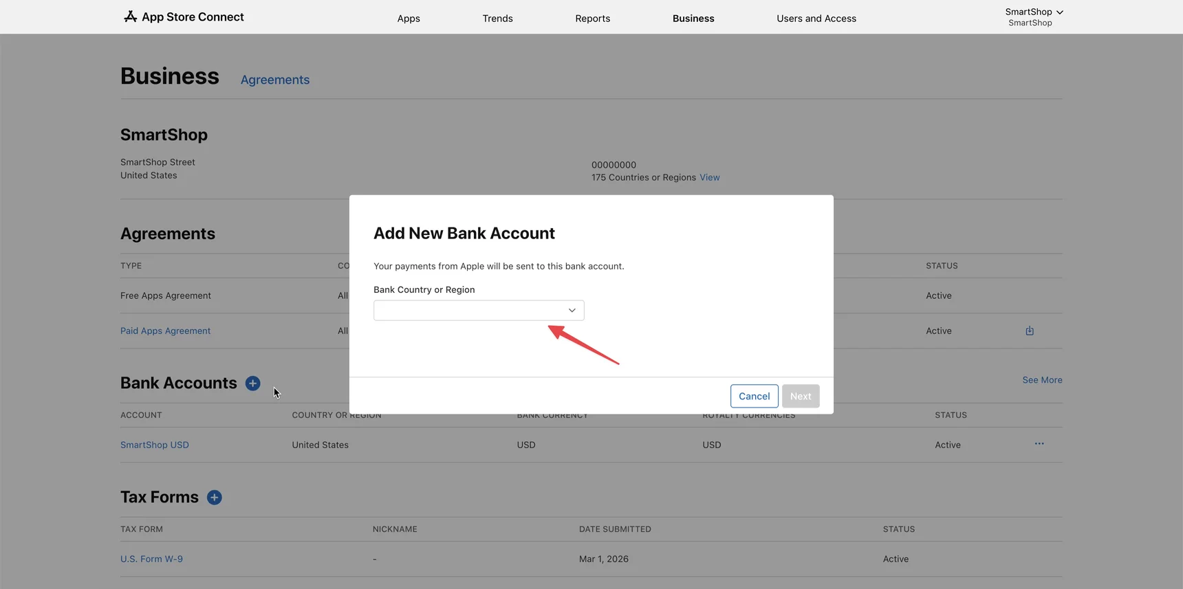 App Store Connect — вікно вибору Bank Country or Region