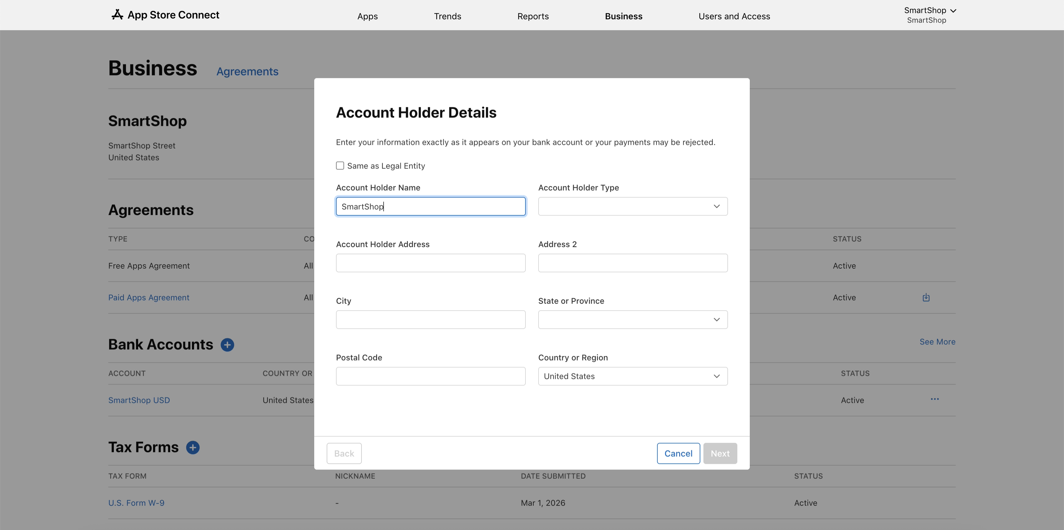 App Store Connect — Account Holder Details form