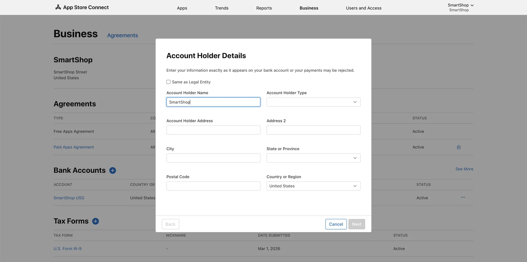 App Store Connect — форма Account Holder Details