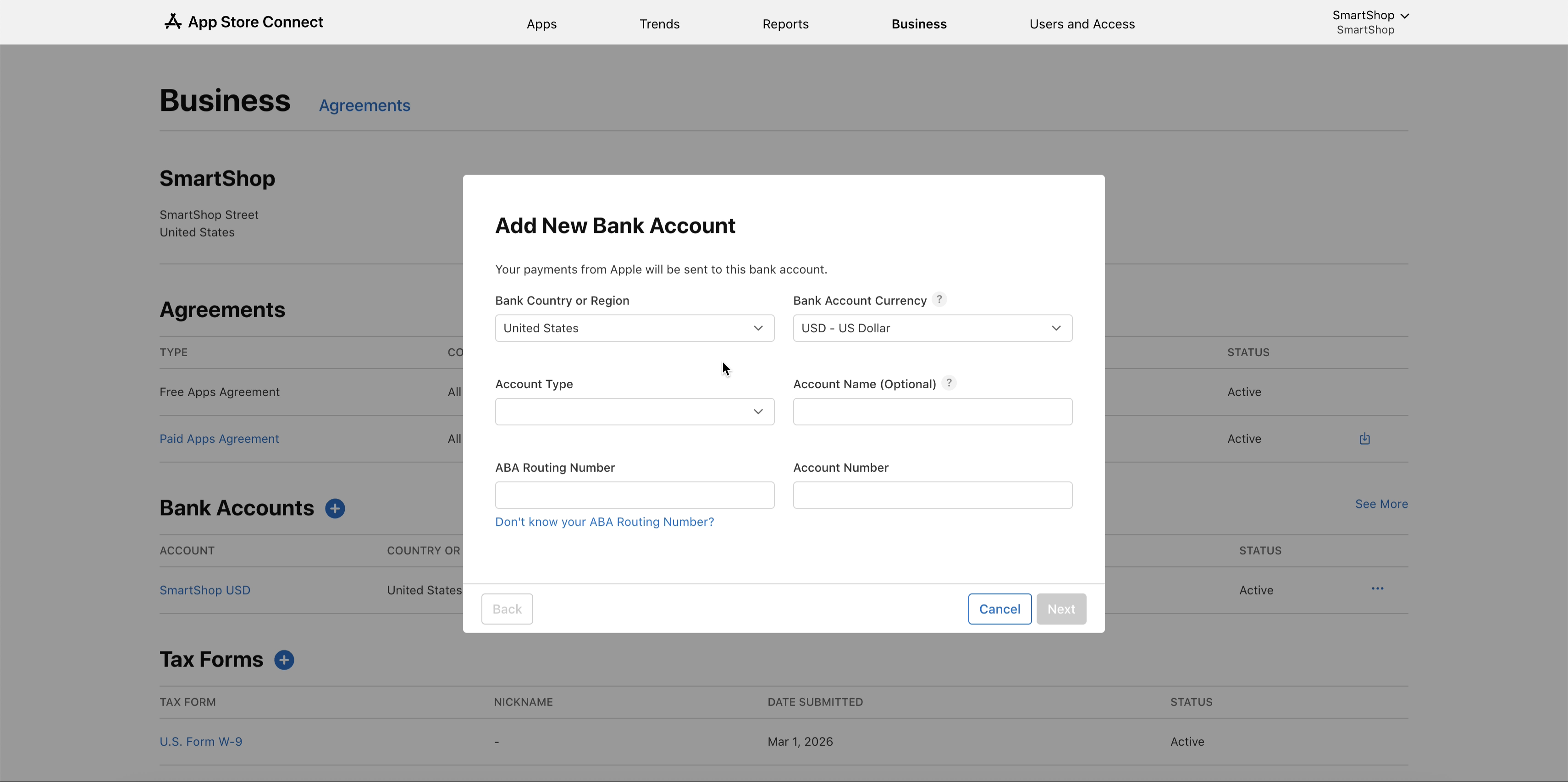 App Store Connect — form with currency, account type, ABA Routing Number and Account Number