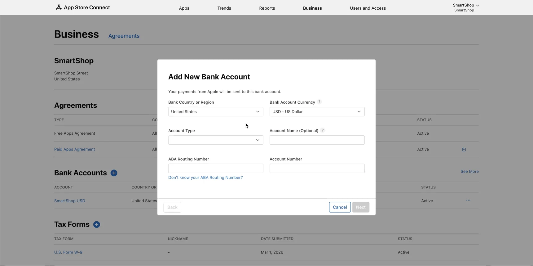 App Store Connect — форма з валютою, типом рахунку, ABA Routing Number та Account Number