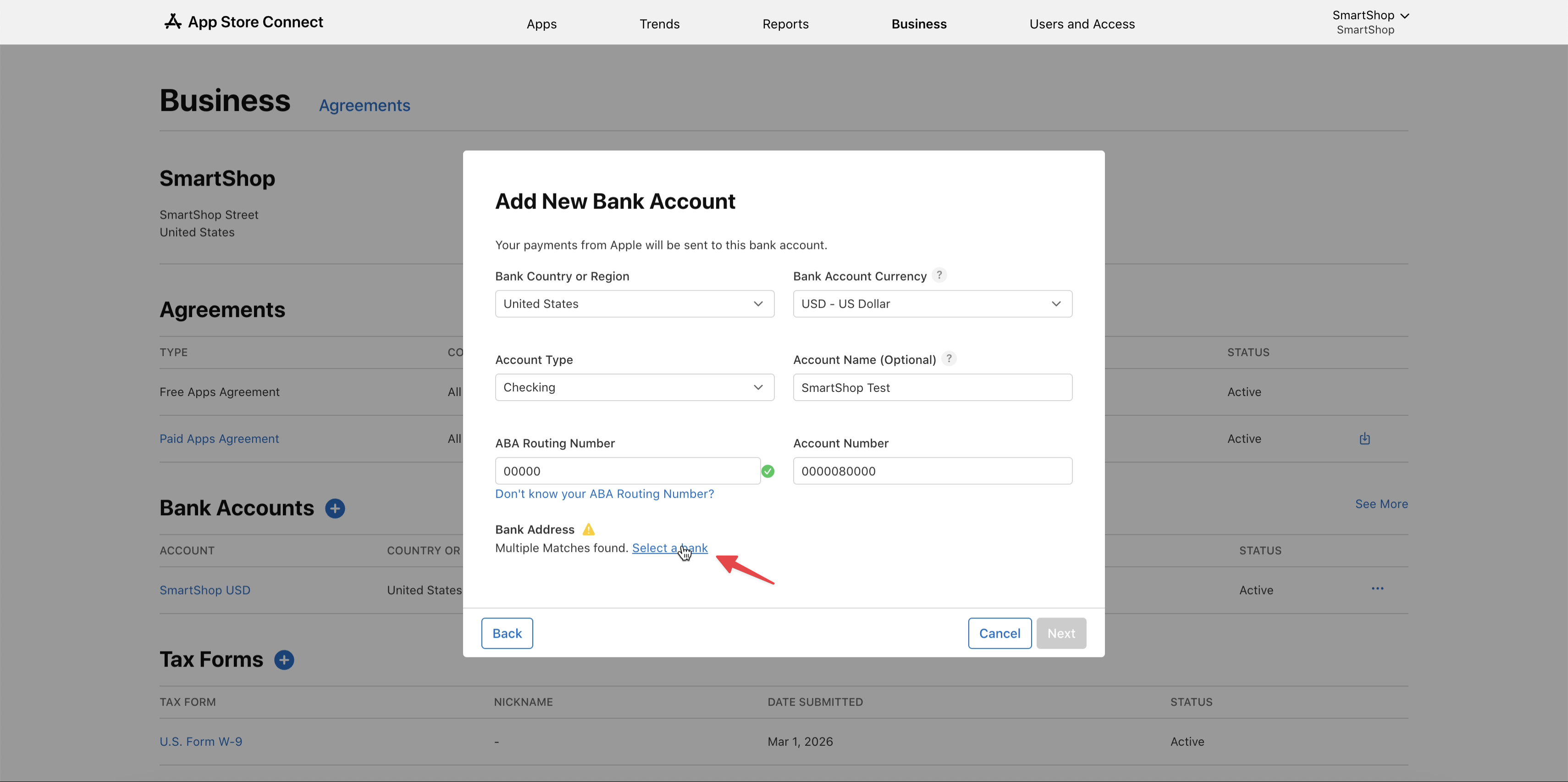 App Store Connect — Multiple Matches Found message and Select a bank link
