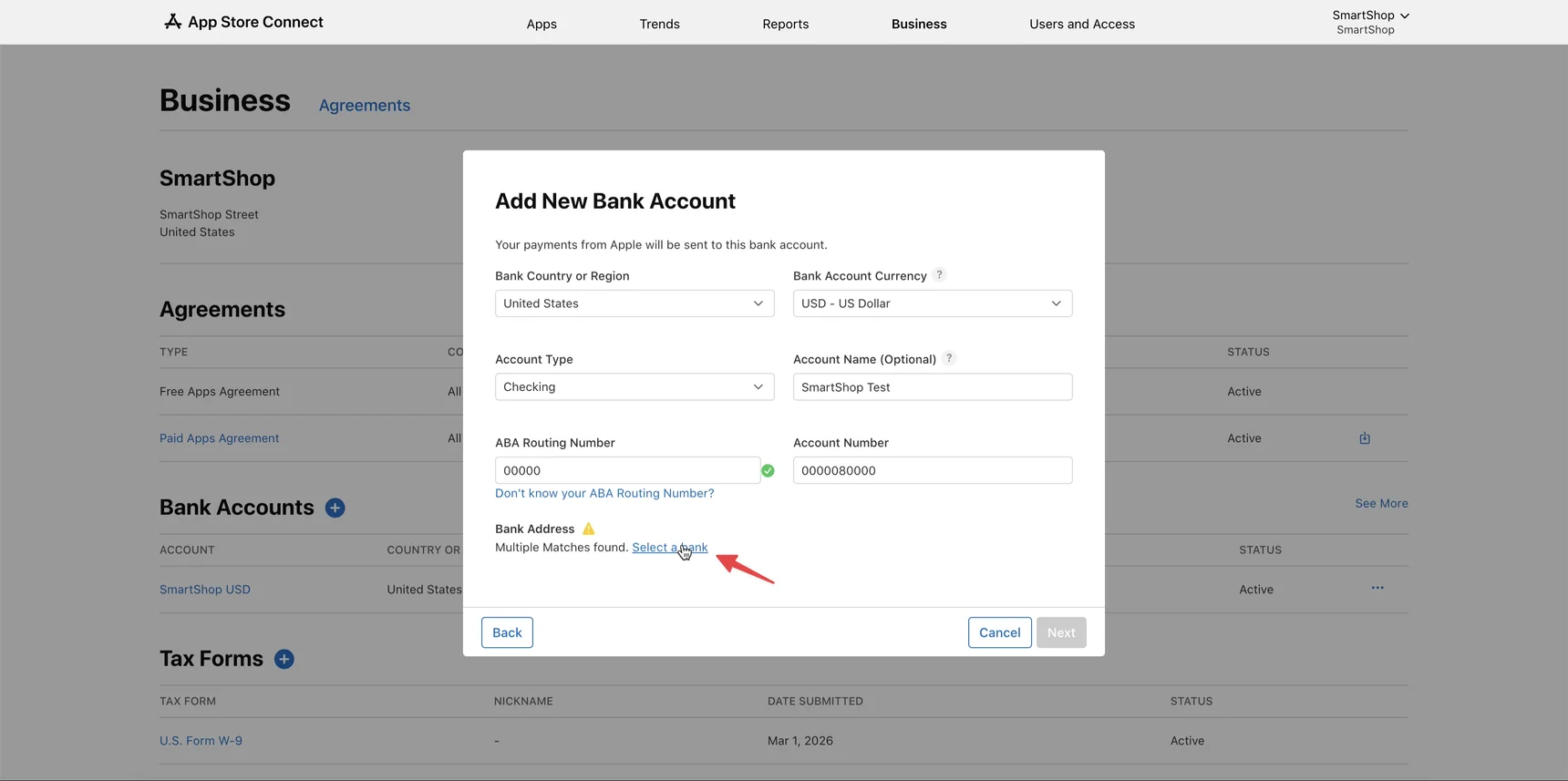 App Store Connect — повідомлення Multiple Matches Found і посилання Select a bank