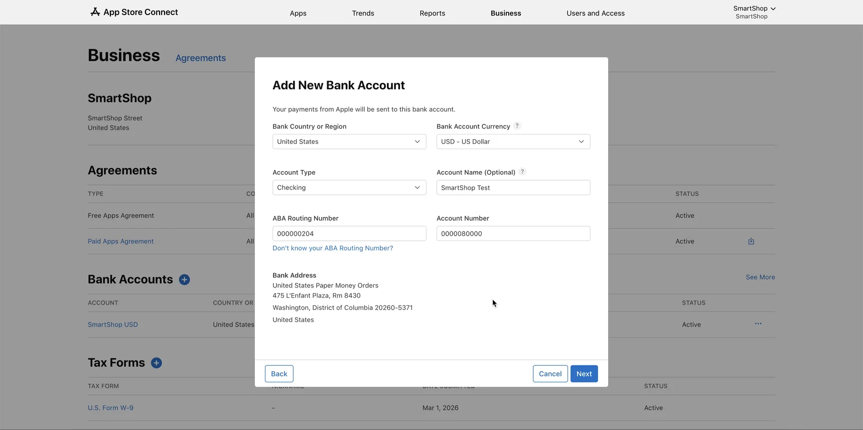 App Store Connect — заповнена форма та адреса банку