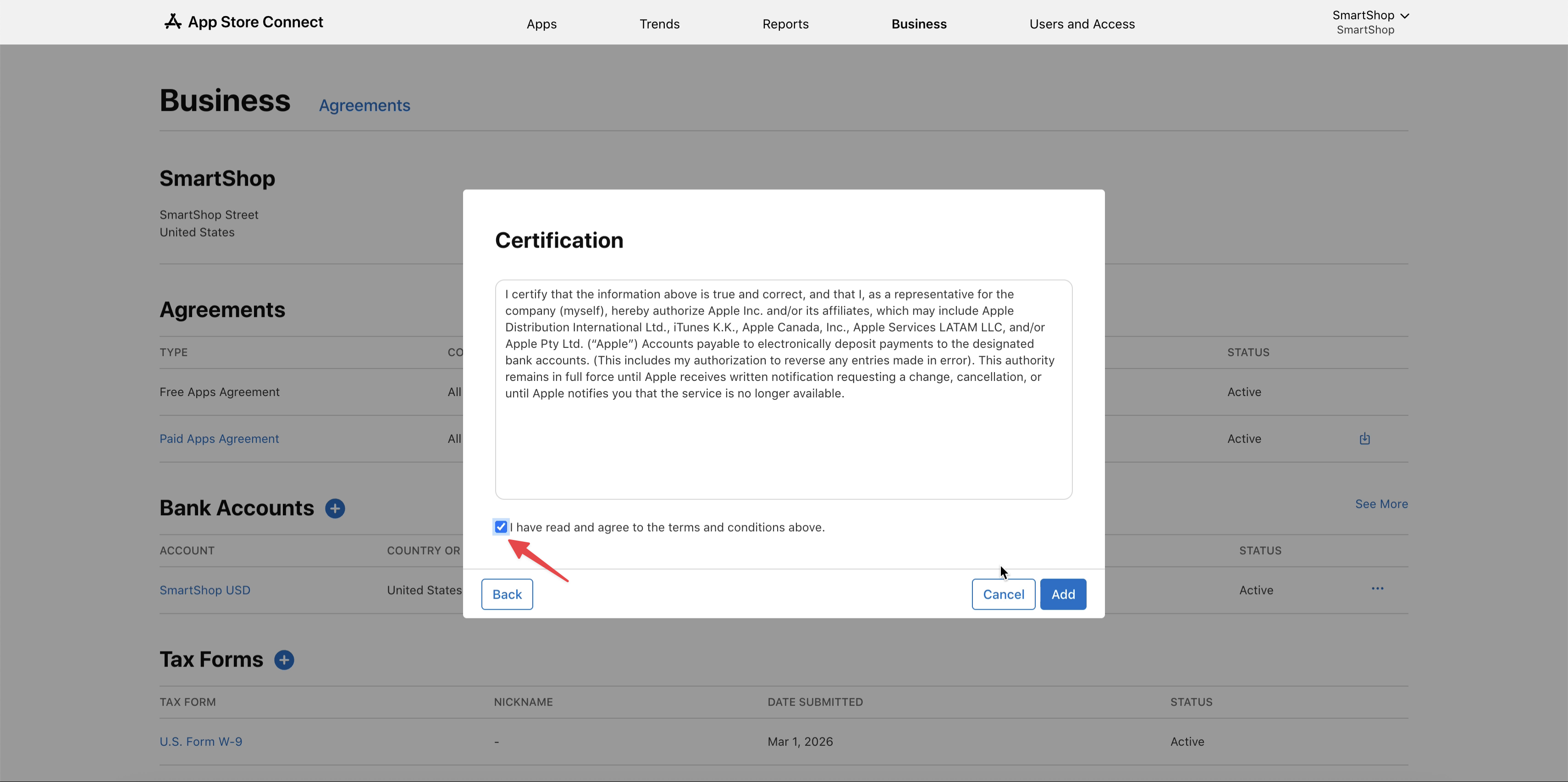 App Store Connect — confirmation checkbox and Add button
