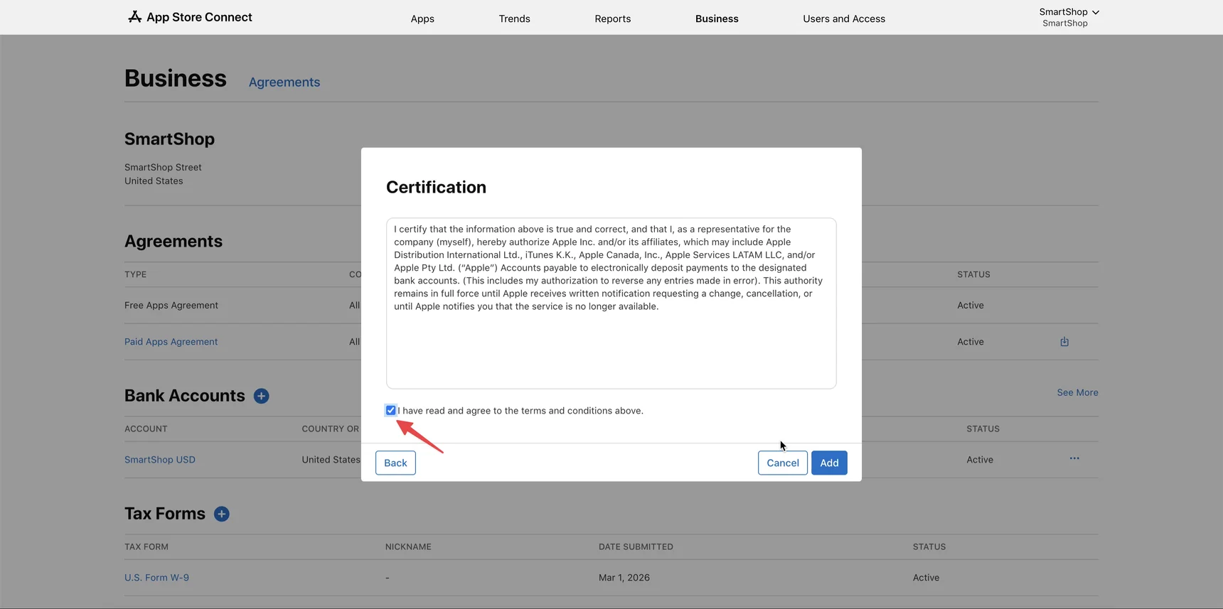 App Store Connect — чекбокс підтвердження та кнопка Add