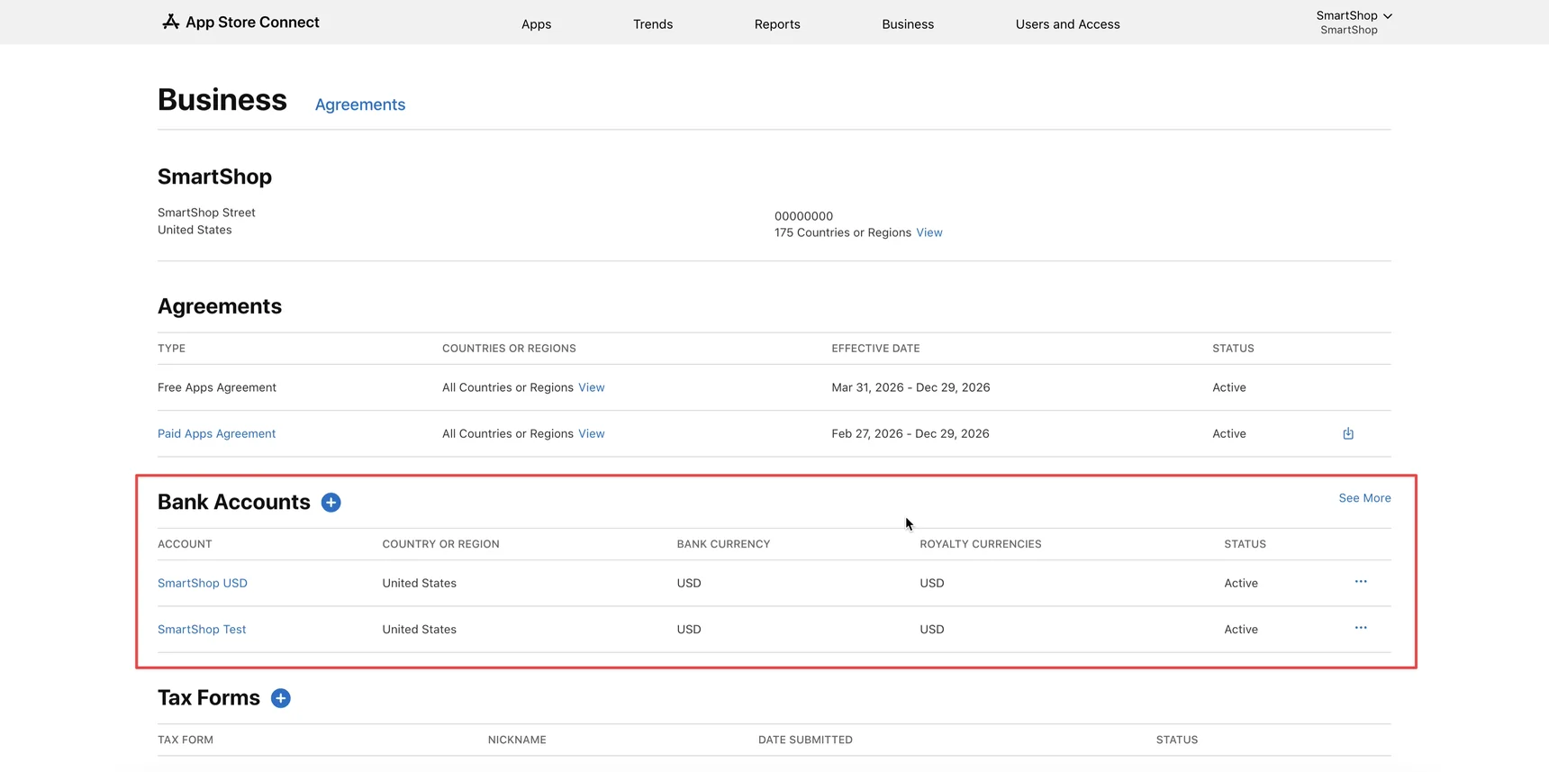 App Store Connect — новий рахунок у списку Bank Accounts