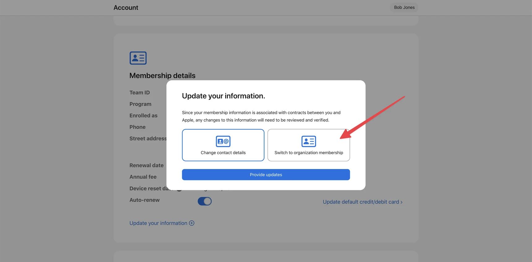 Выбор Switch to organization membership в Apple Developer — SmartShop
