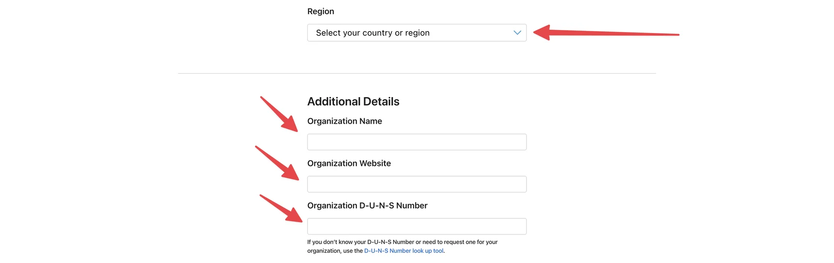Форма Individual to Organization: поля Region, Organization Name, Website и D-U-N-S Number — SmartShop
